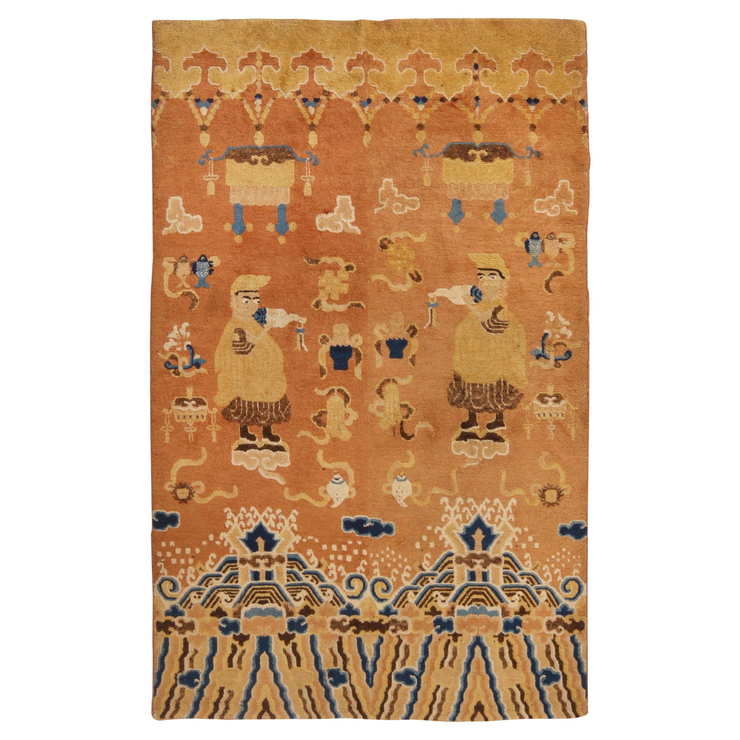 Antique Peking Rug in Beige-Brown and Blue Pictorial Pattern by Rug & Kilim For Sale