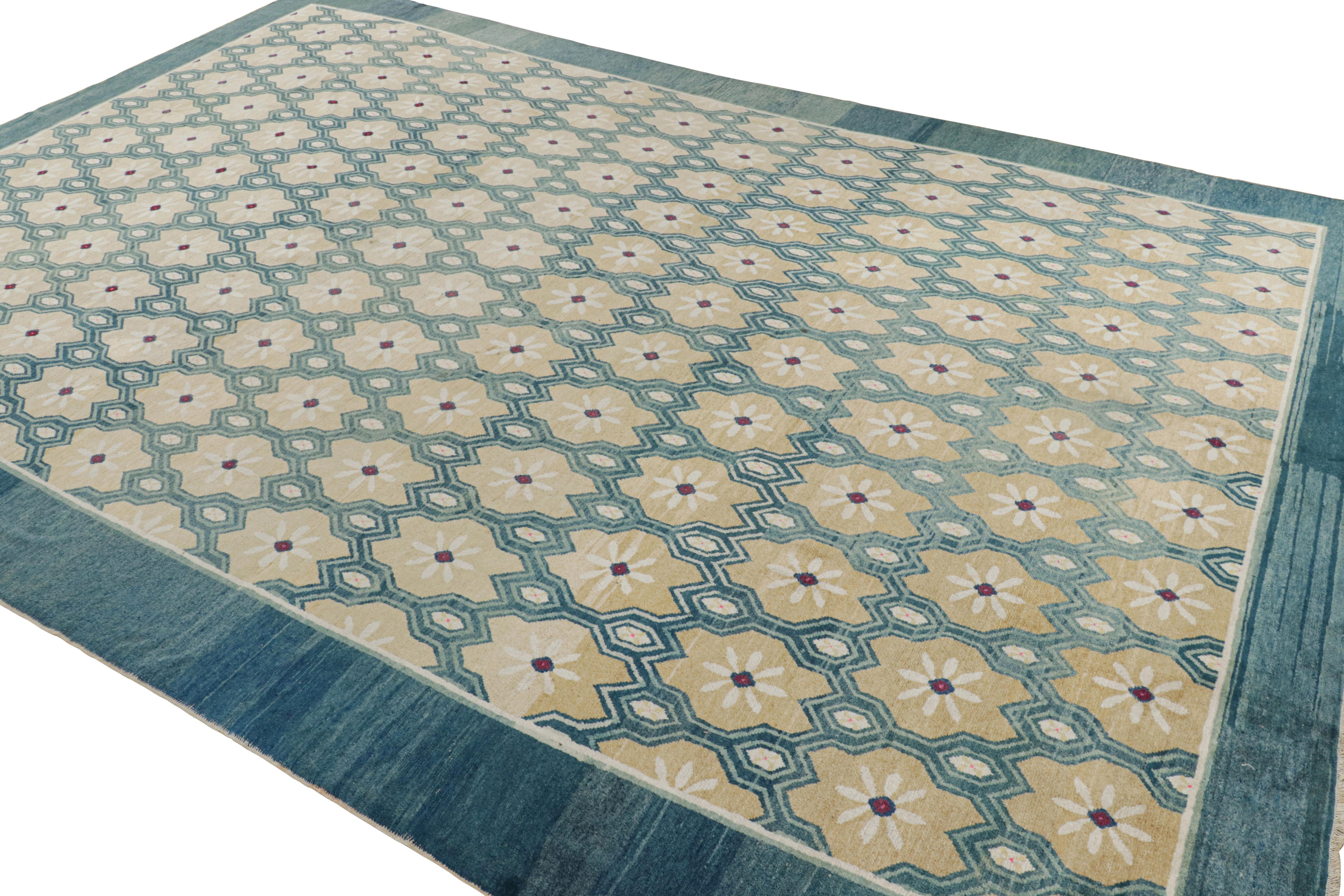 Hand-Knotted Antique Peking Rug in Blue and Beige with Floral Patterns For Sale