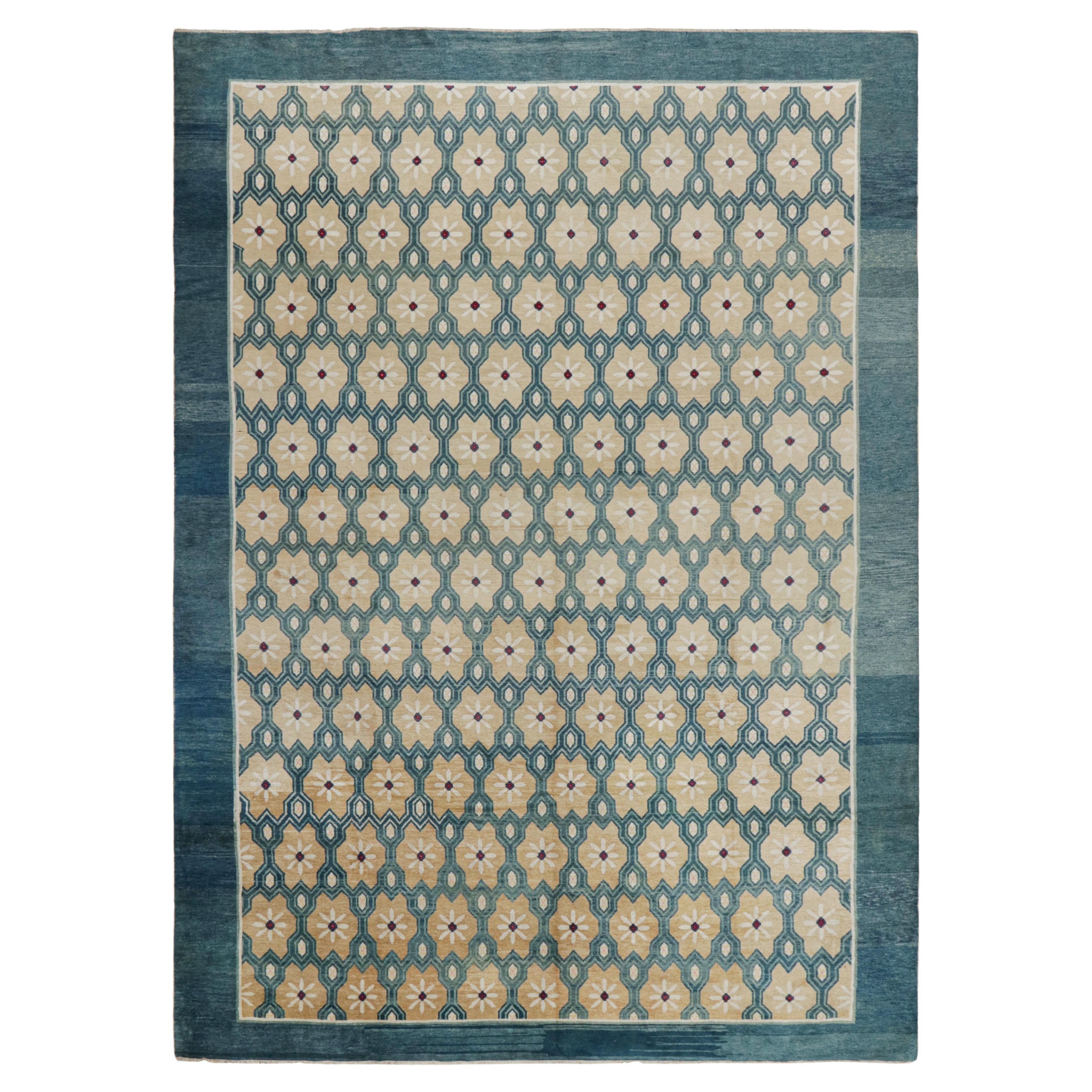 Antique Peking Rug in Blue and Beige with Floral Patterns