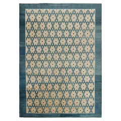 Antique Peking Rug in Blue and Beige with Floral Patterns