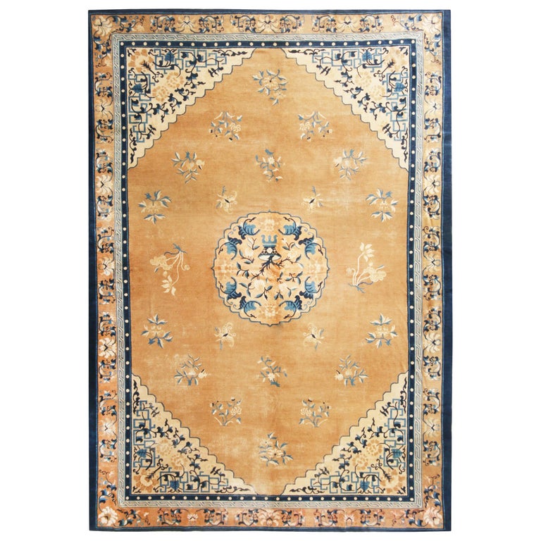 Antique Peking Traditional Gold and Blue Wool Rug For Sale at 1stdibs