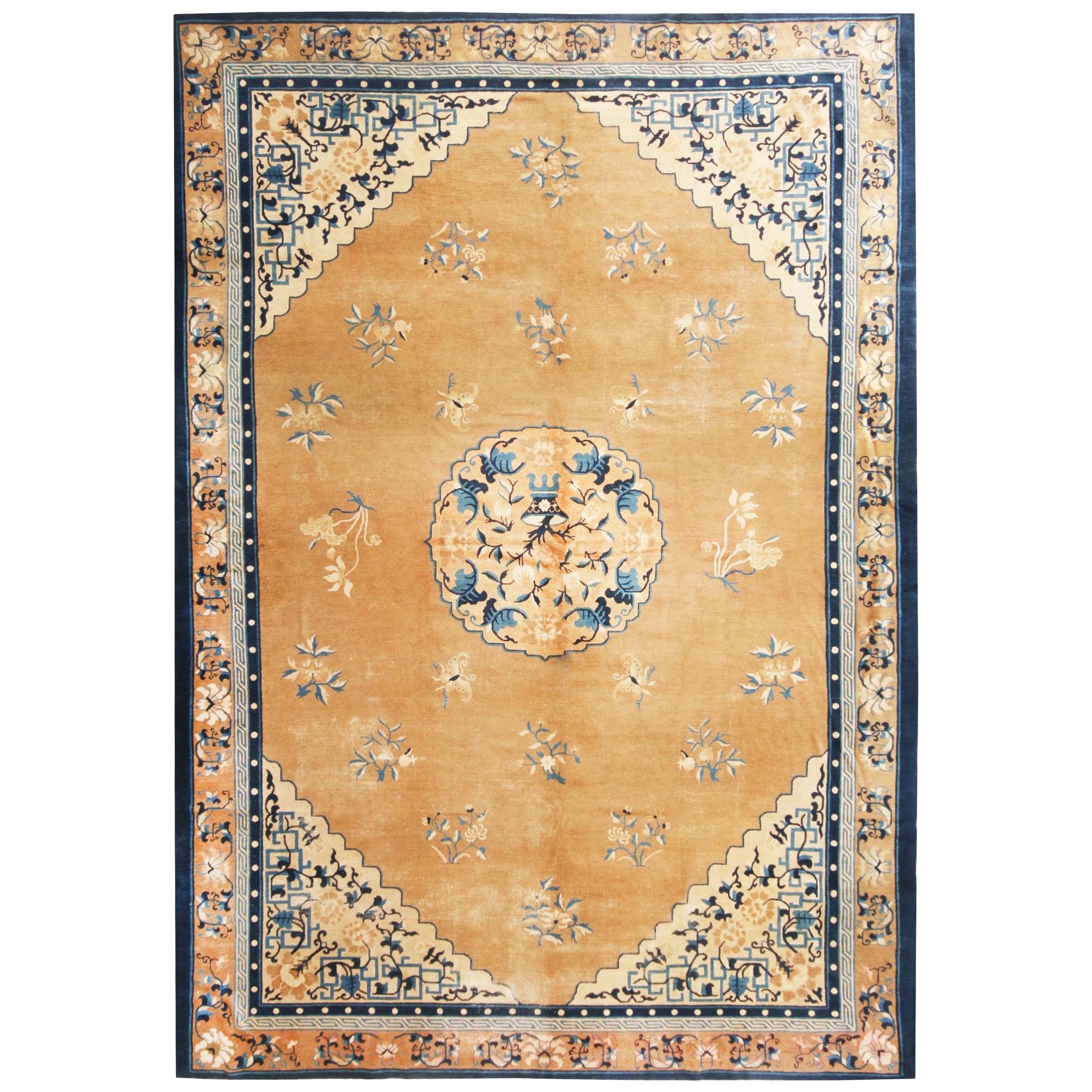 Antique Peking Traditional Gold and Blue Wool Rug For Sale at 1stDibs