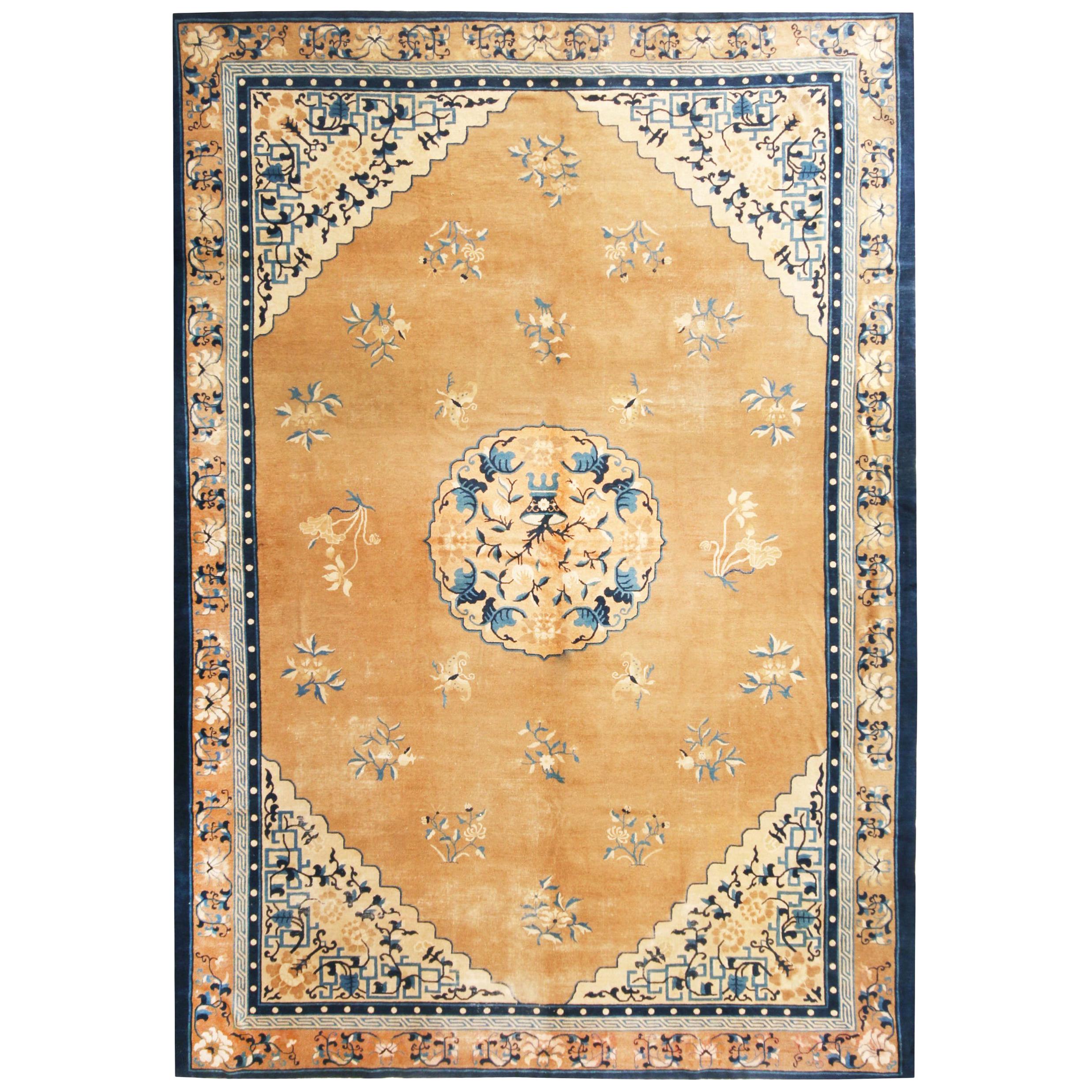 Antique Peking Traditional Gold and Blue Wool Rug by Rug & Kilim For Sale