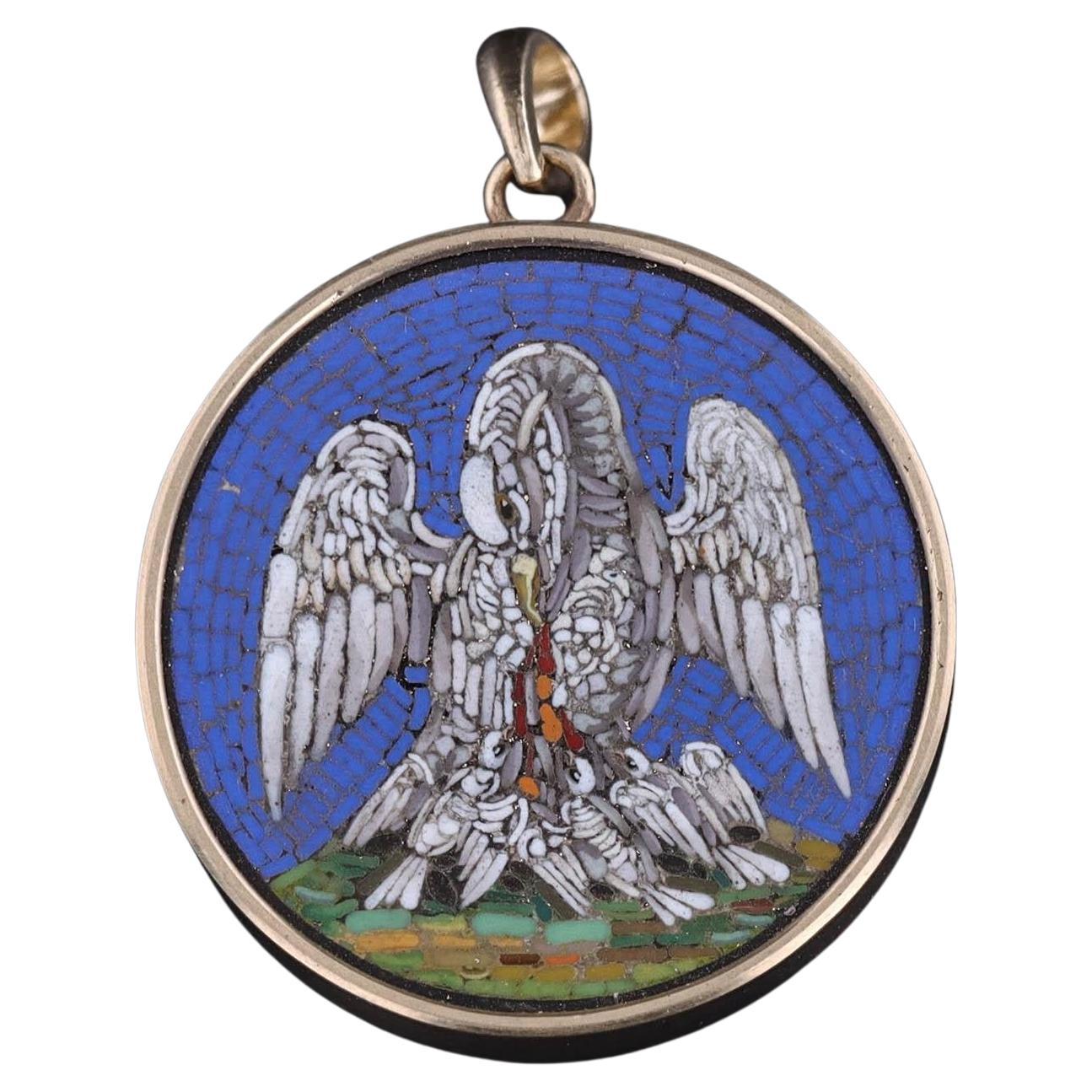 Antique Pelican and Piety Micromosaic Pendant of 14k Gold