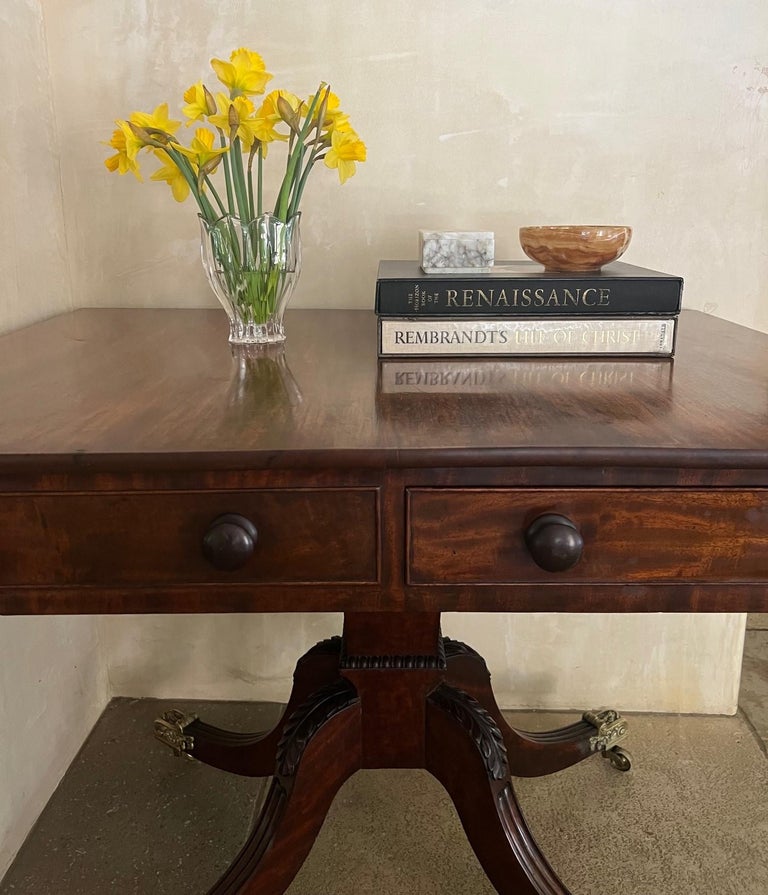 Antique Pembroke Drop Leaf Table with Drawers and Cast Brass Feet Covers For Sale at 1stDibs