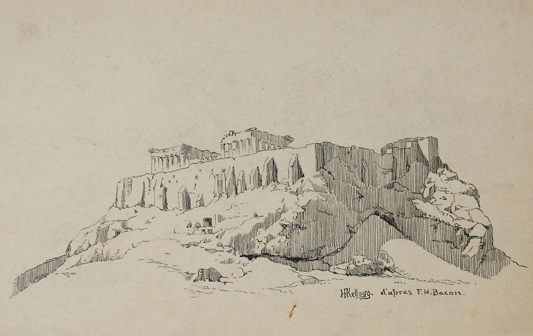 Antique circa 1900 pen and ink drawing on on paper of the Acropolis of Athens Greece. Signed H. Kellogg, d'apres F. W. Bacon. Unframed, age toning, edge wear.