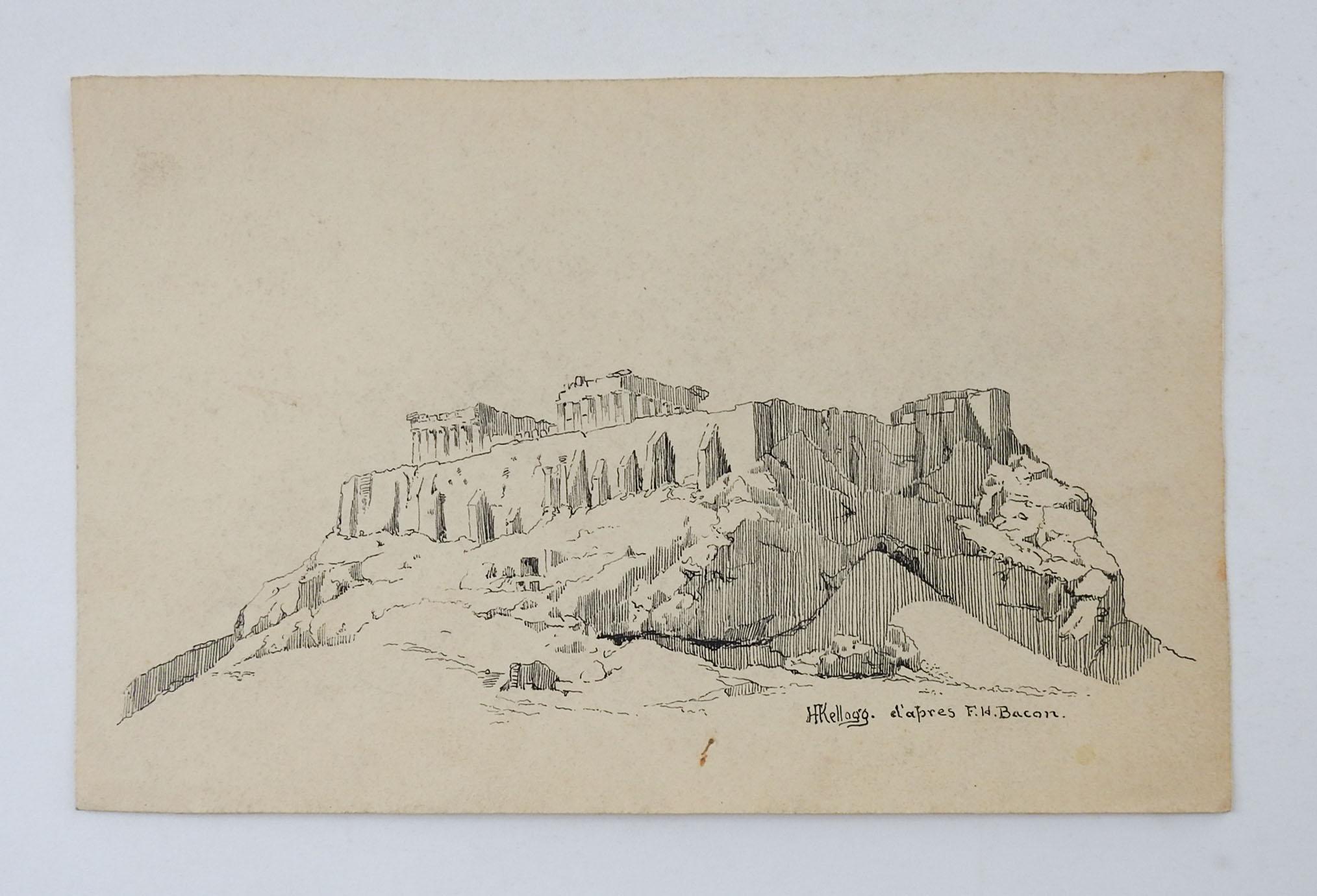 American Antique Pen & Ink Athens Greece Acropolis Ruins Drawing