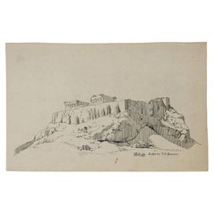 Antique Pen & Ink Athens Greece Acropolis Ruins Drawing