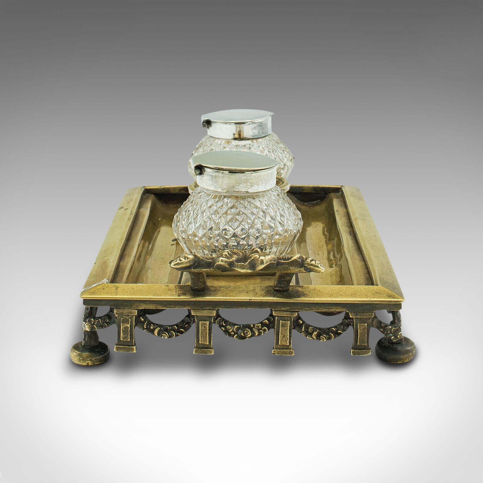 British Antique Pen Tray, English, Brass, Silver Plate, Inkwell Stand, Edwardian, C.1910 For Sale