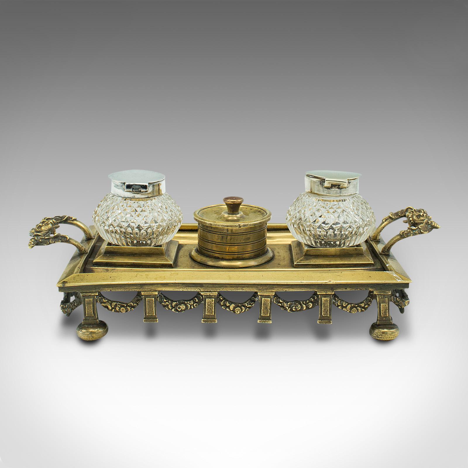 20th Century Antique Pen Tray, English, Brass, Silver Plate, Inkwell Stand, Edwardian, C.1910 For Sale