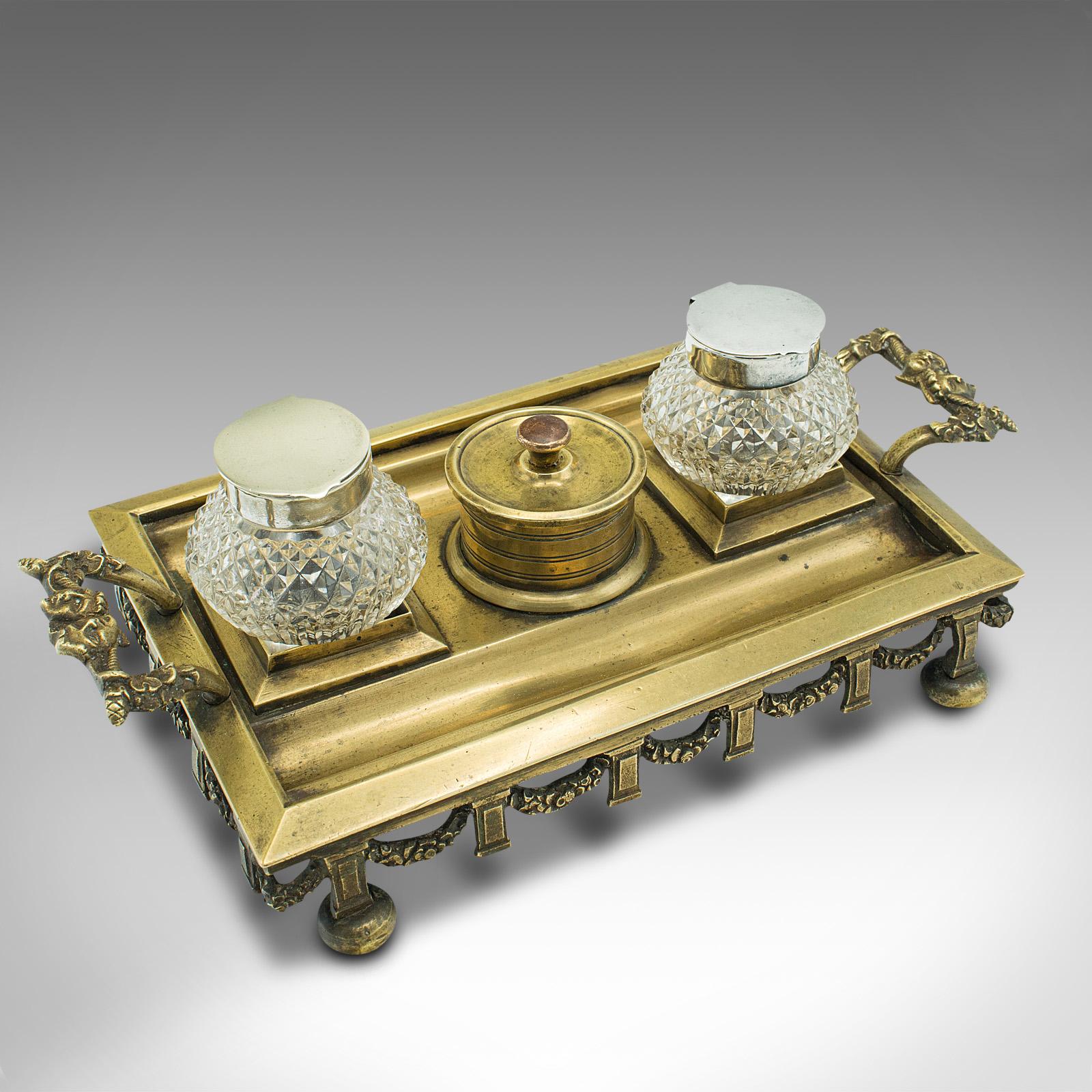 Antique Pen Tray, English, Brass, Silver Plate, Inkwell Stand, Edwardian, C.1910 For Sale 1