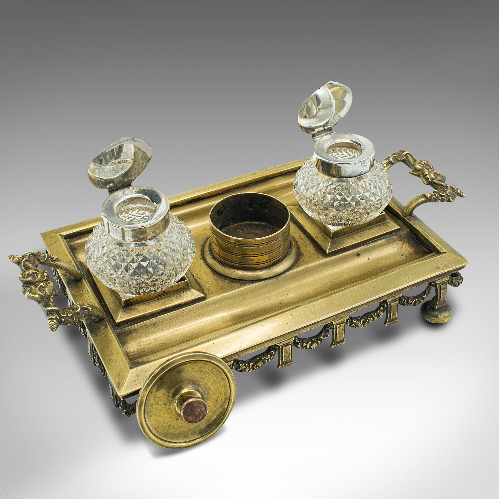 Antique Pen Tray, English, Brass, Silver Plate, Inkwell Stand, Edwardian, C.1910 For Sale 2