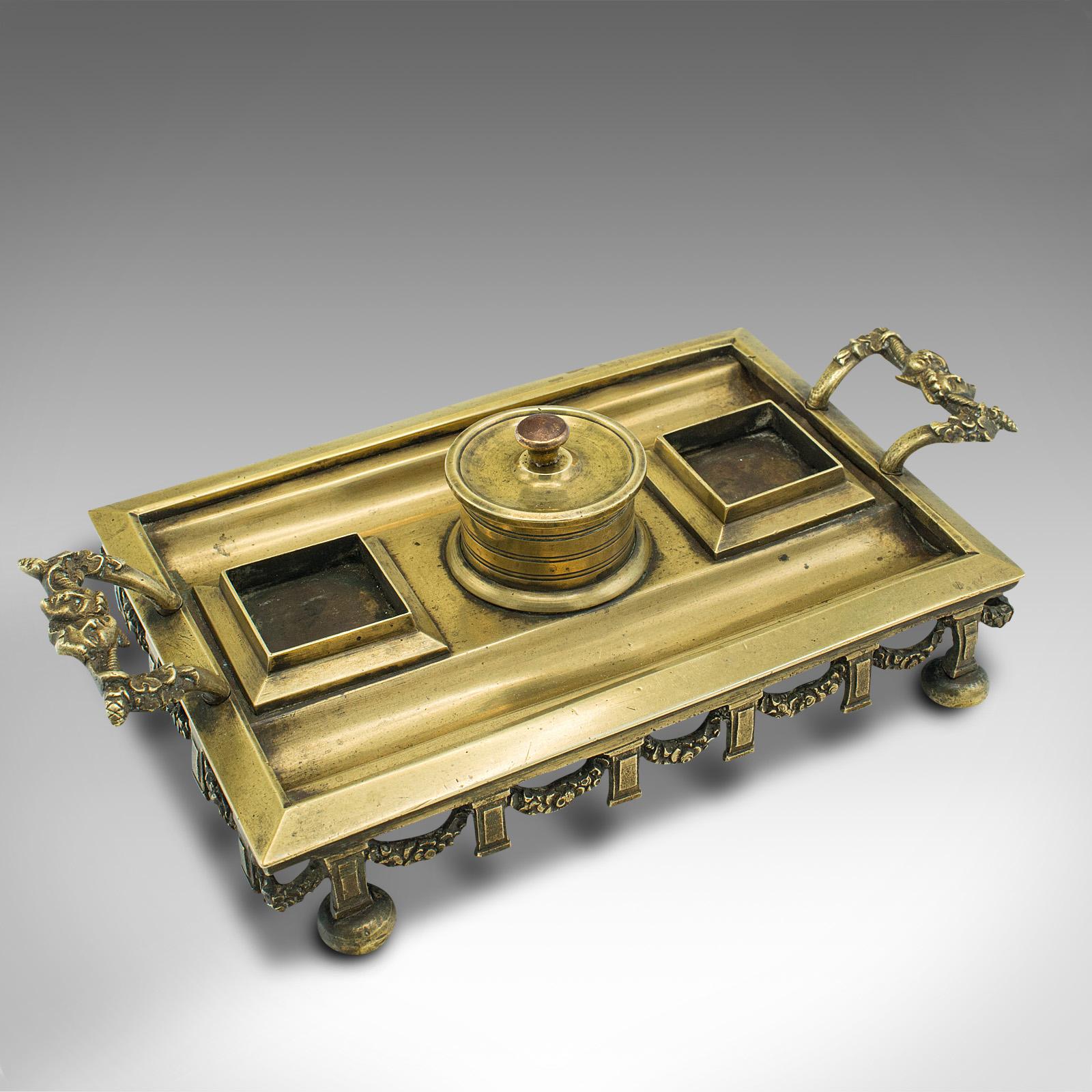 Antique Pen Tray, English, Brass, Silver Plate, Inkwell Stand, Edwardian, C.1910 For Sale 3