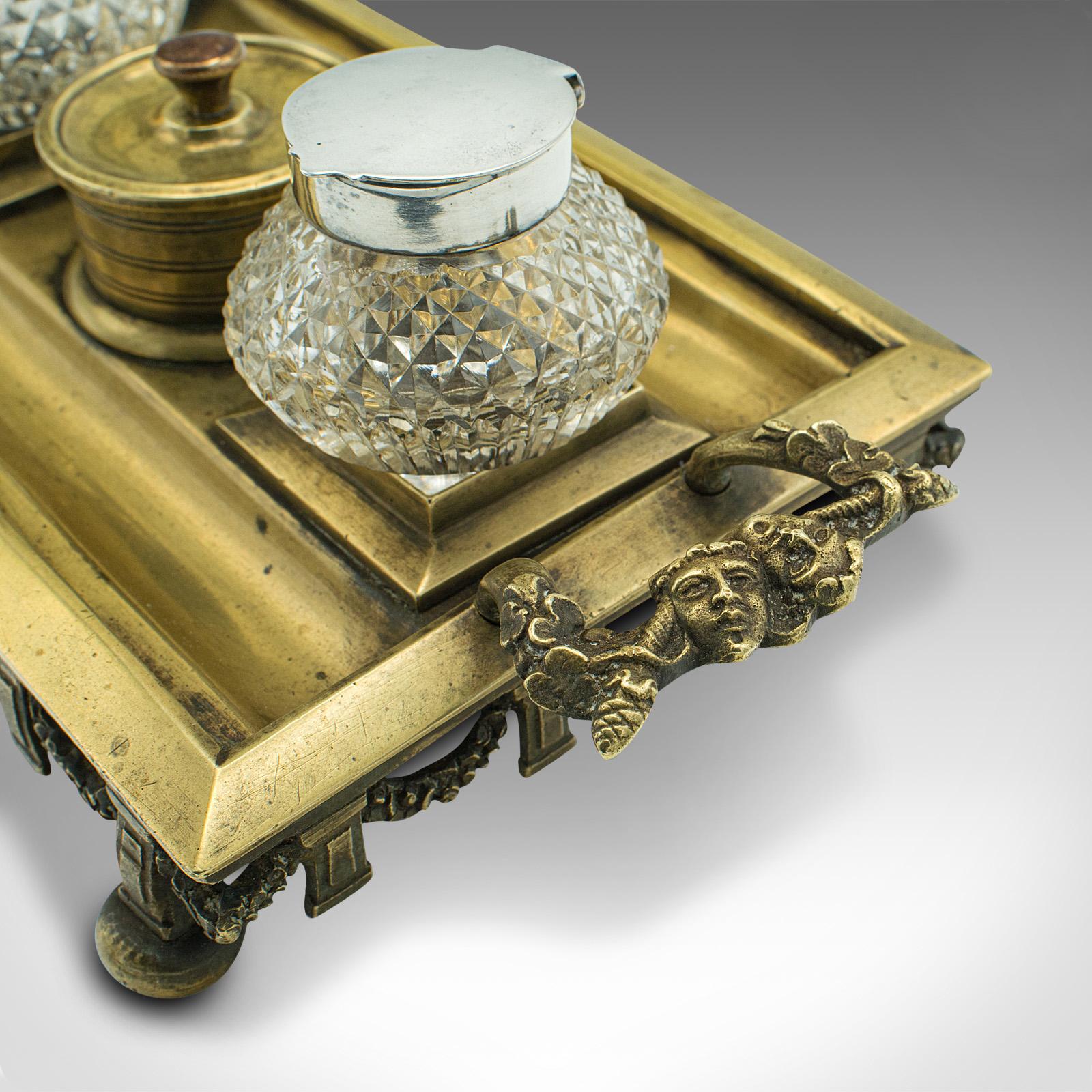 Antique Pen Tray, English, Brass, Silver Plate, Inkwell Stand, Edwardian, C.1910 For Sale 4