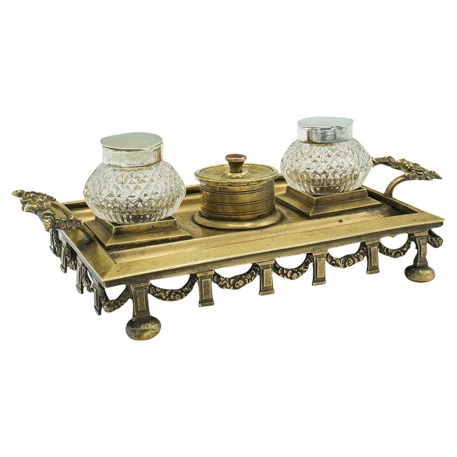 Antique Pen Tray, English, Brass, Silver Plate, Inkwell Stand, Edwardian, C.1910 For Sale