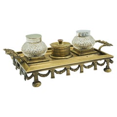 Antique Pen Tray, English, Brass, Silver Plate, Inkwell Stand, Edwardian, C.1910