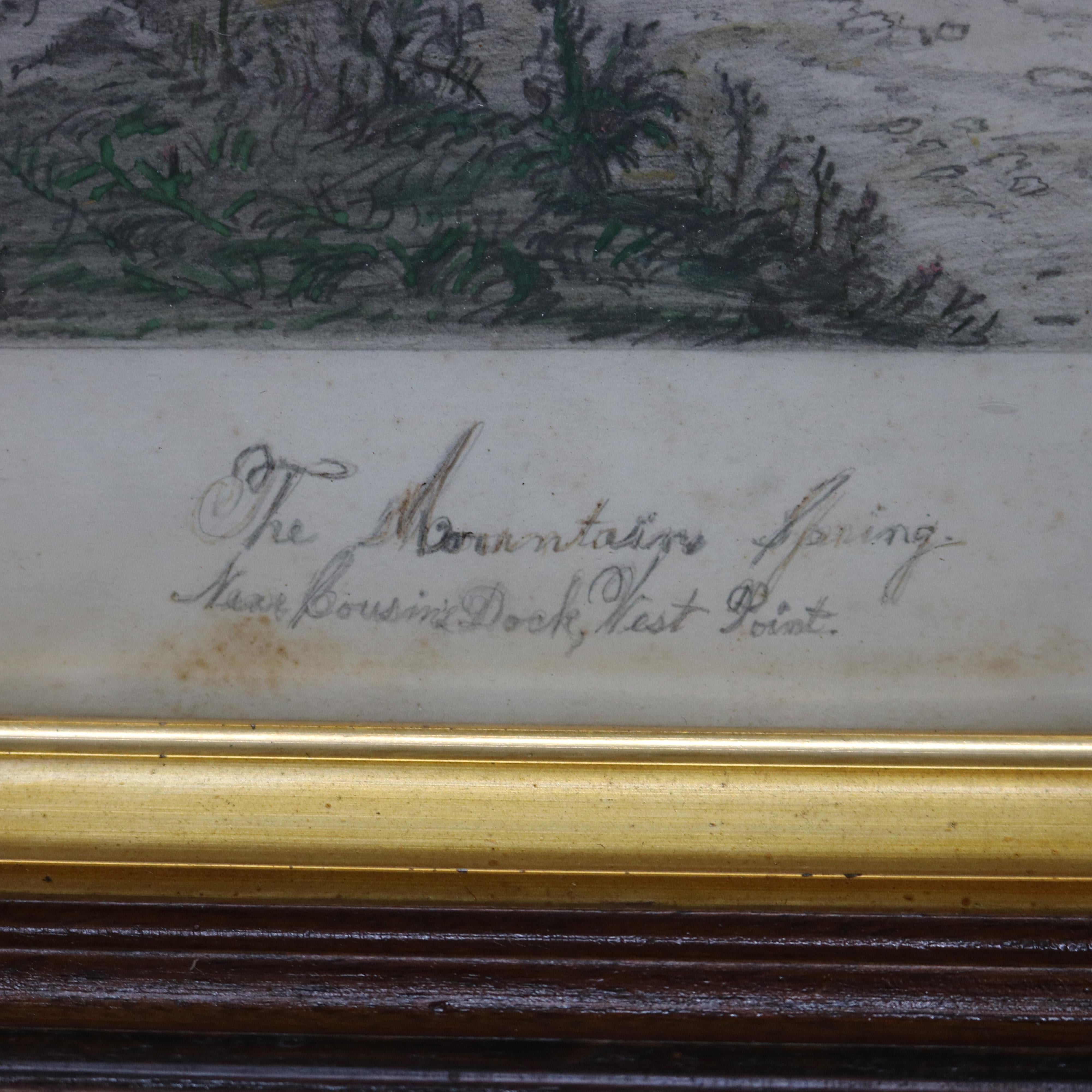 Antike Bleistiftzeichnung der Landschaft einer Bergquelle bei West Point, 19. im Angebot 6