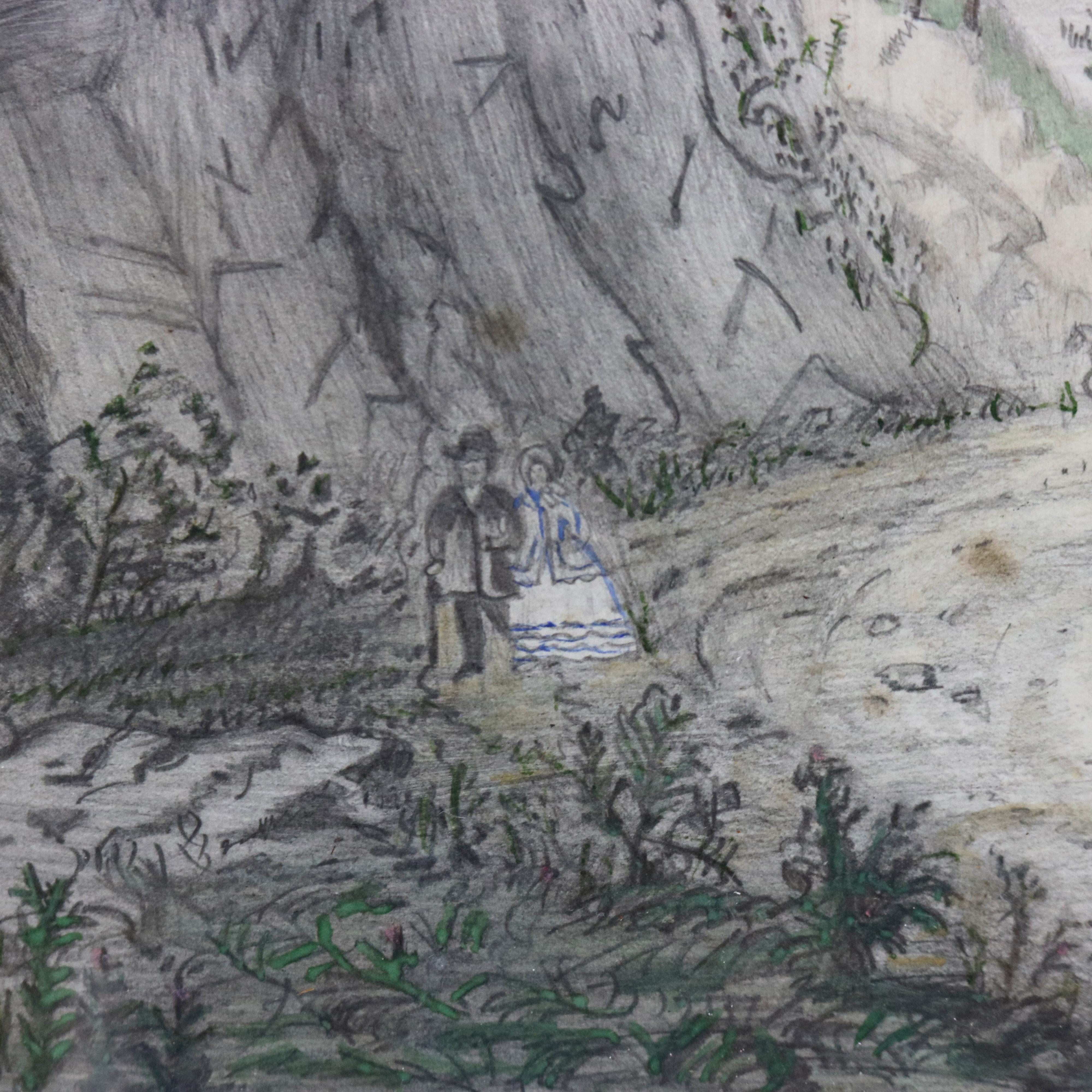 Antike Bleistiftzeichnung der Landschaft der Bergquelle bei Dock in West Point, gerahmt, 19.

Maße - 16,5 