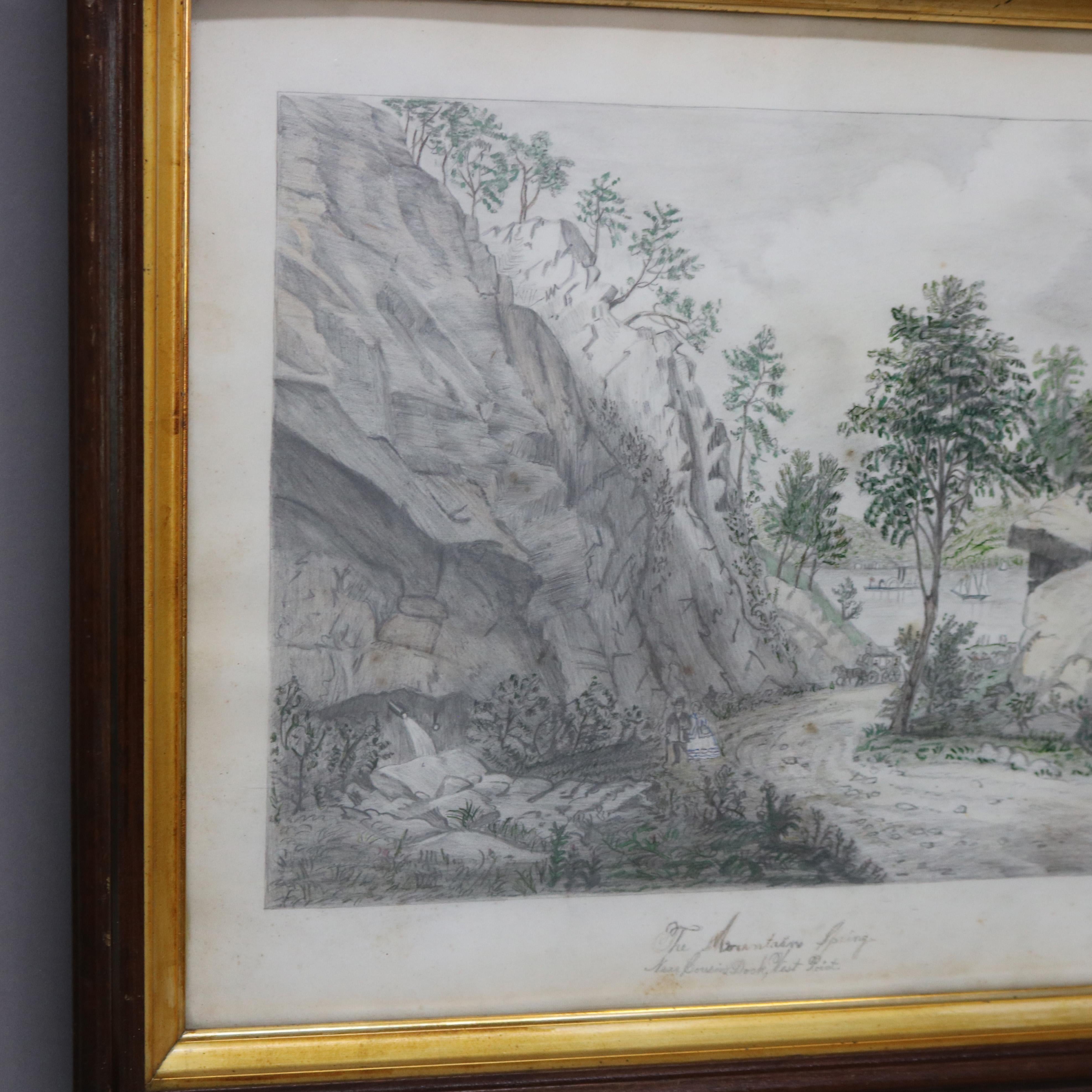 Antike Bleistiftzeichnung der Landschaft einer Bergquelle bei West Point, 19. (19. Jahrhundert) im Angebot
