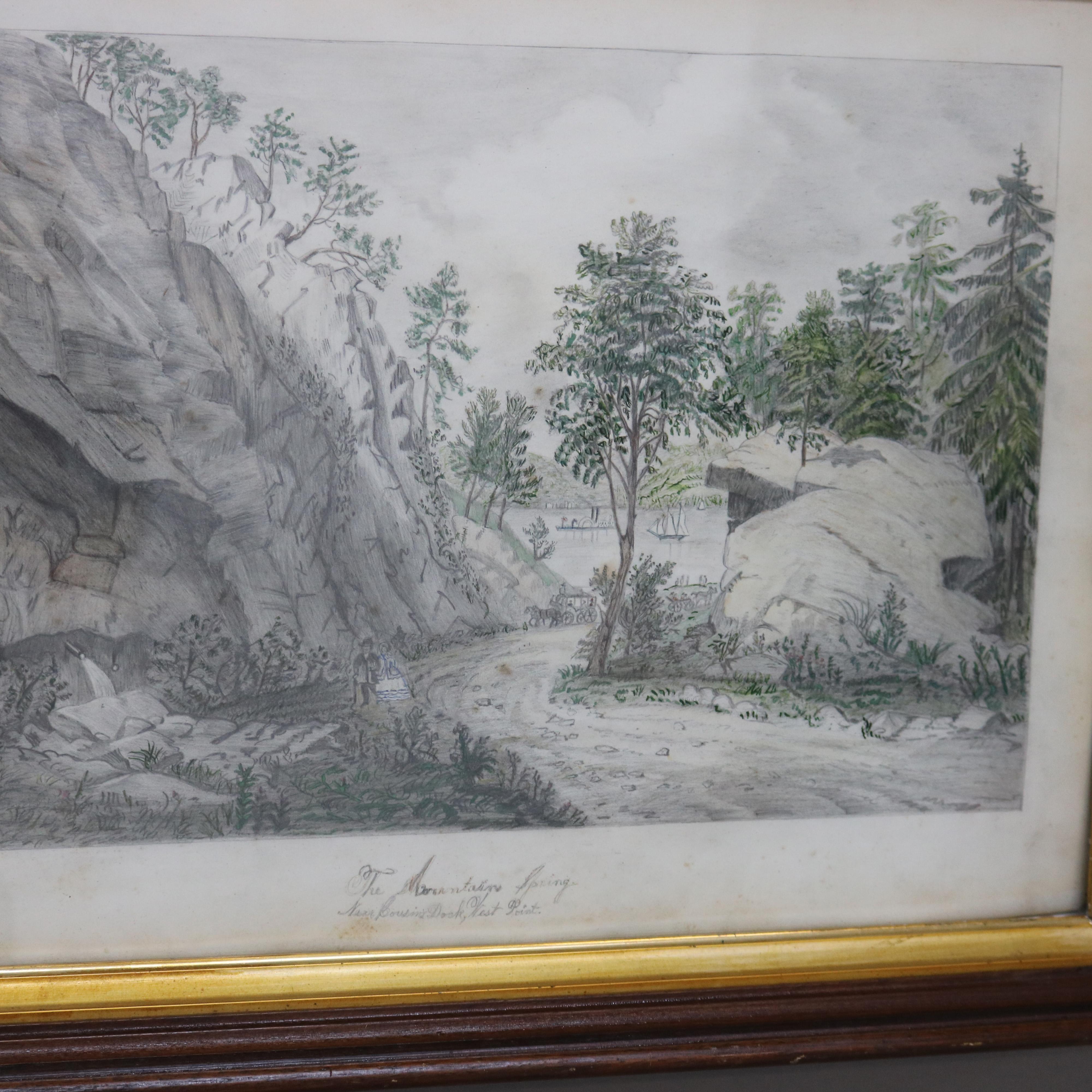 Antike Bleistiftzeichnung der Landschaft einer Bergquelle bei West Point, 19. (Papier) im Angebot