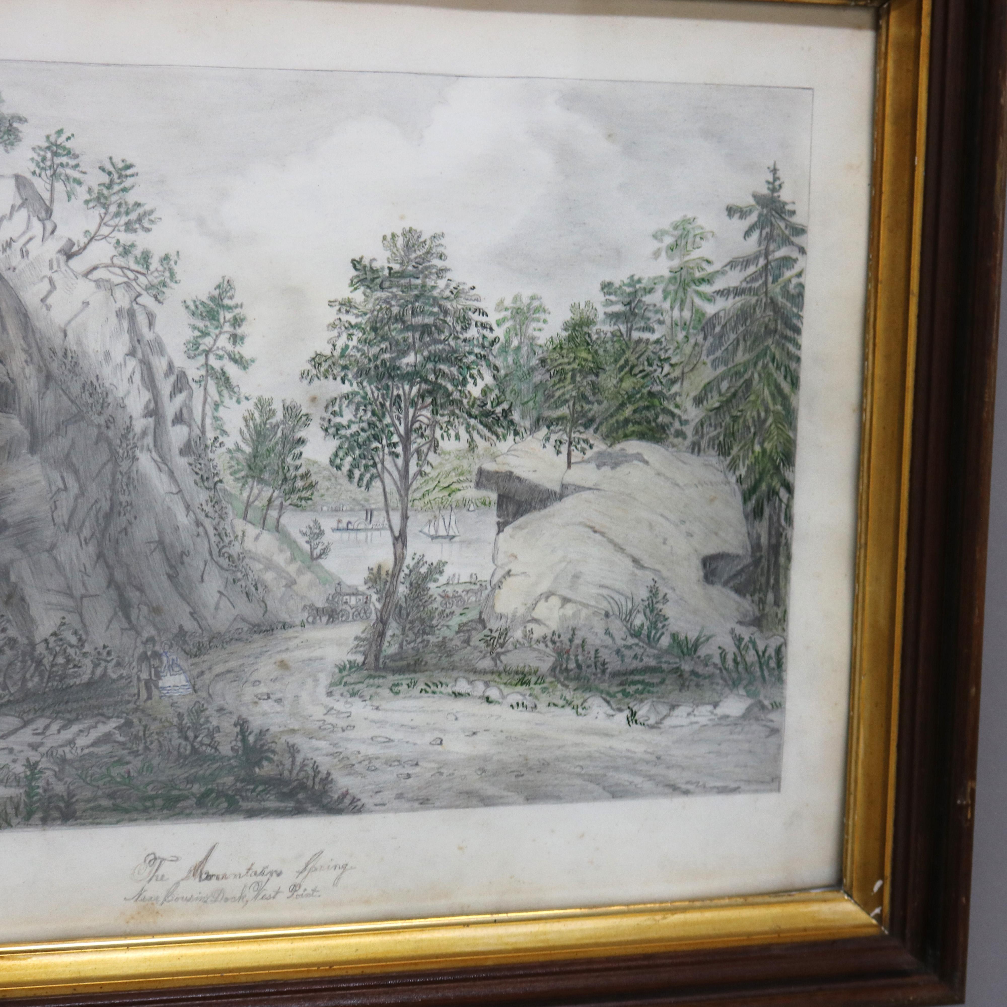 Antike Bleistiftzeichnung der Landschaft einer Bergquelle bei West Point, 19. im Angebot 1