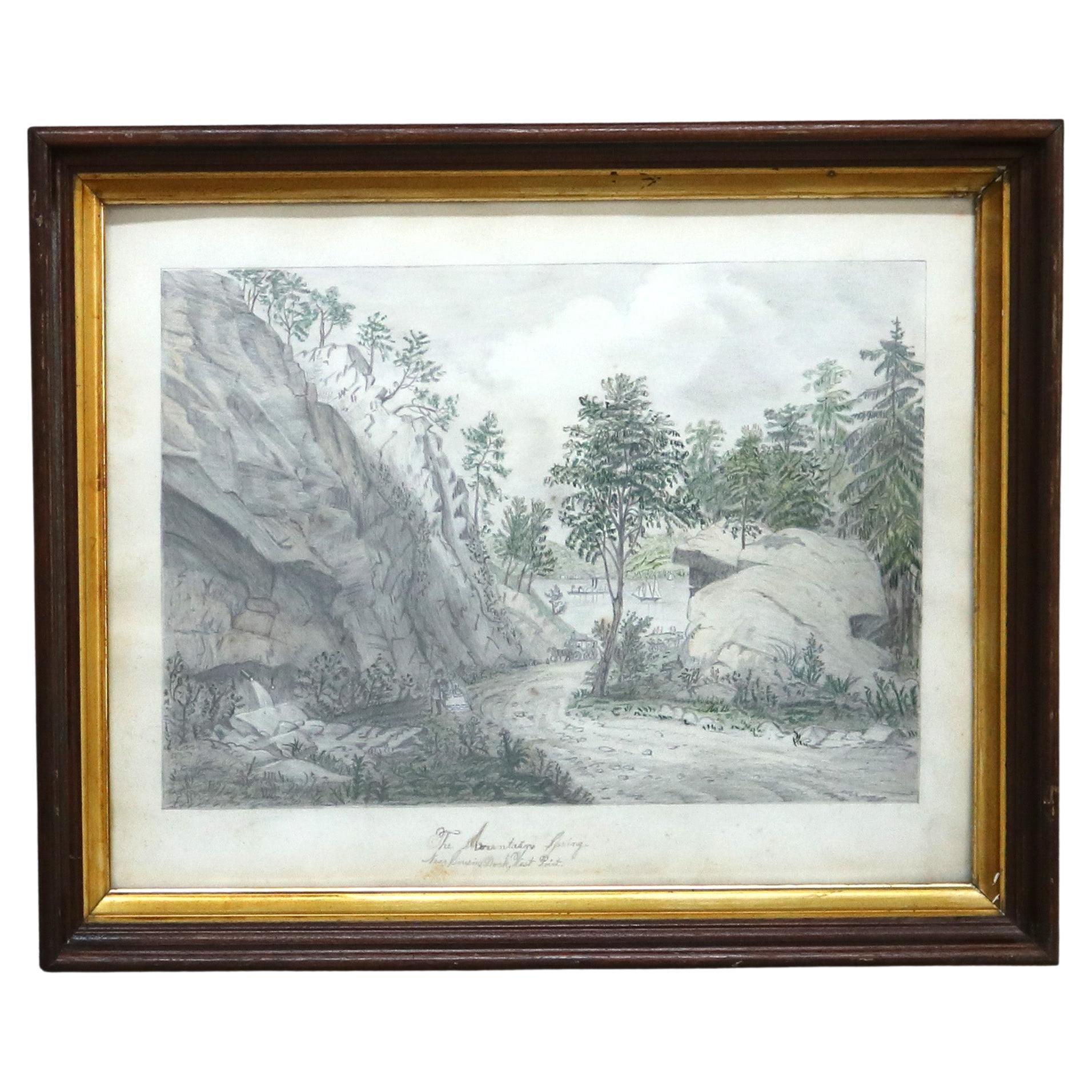 Antique Pencil Drawing of Landscape of a Mountain Spring near West Point, 19thC
