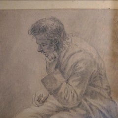 Ancien dessin au crayon d'un homme assis, encadré, C.I.C.
