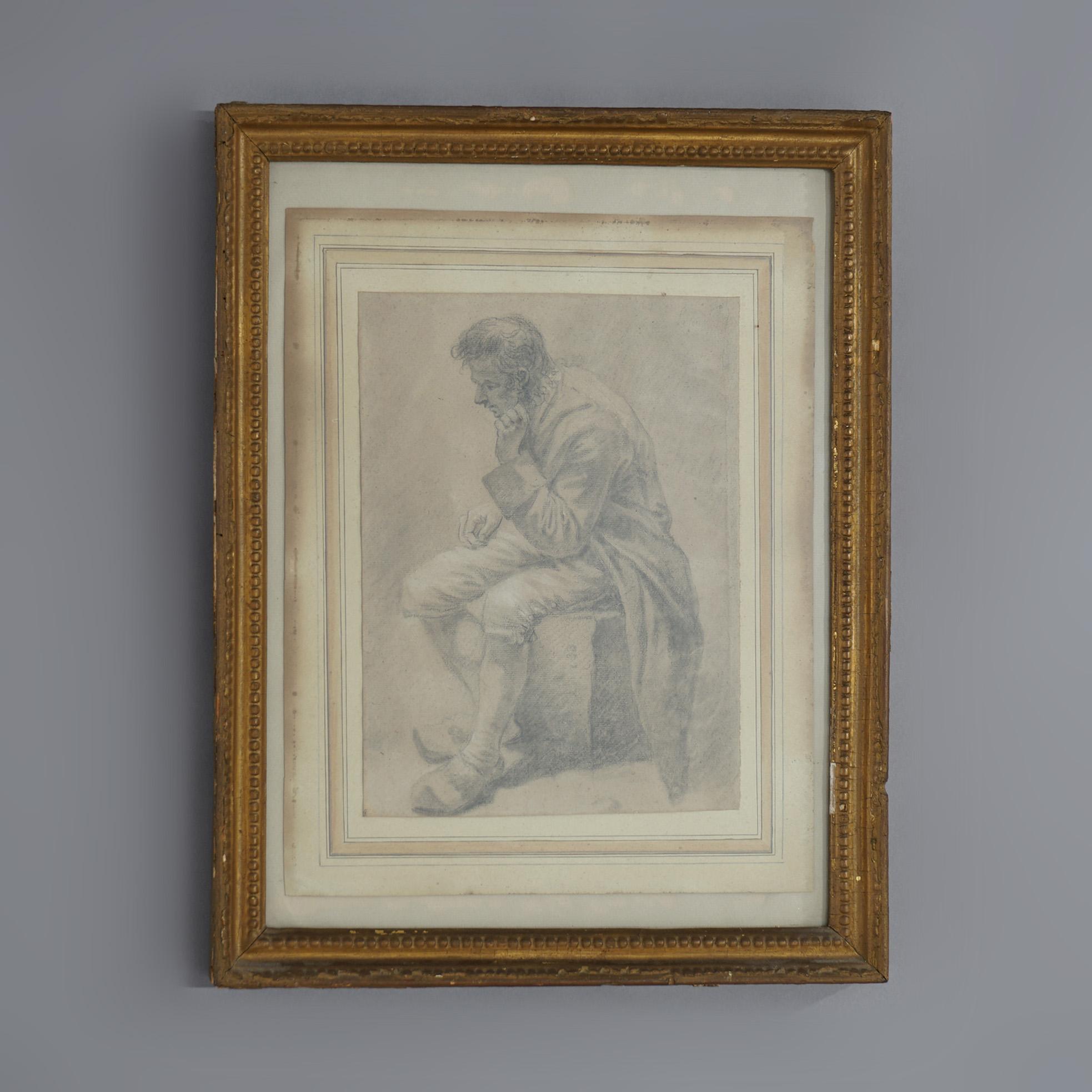 Antike Bleistift-Porträtzeichnung eines sitzenden Mannes, gerahmt, 19. Jahrhundert im Zustand „Gut“ im Angebot in Big Flats, NY