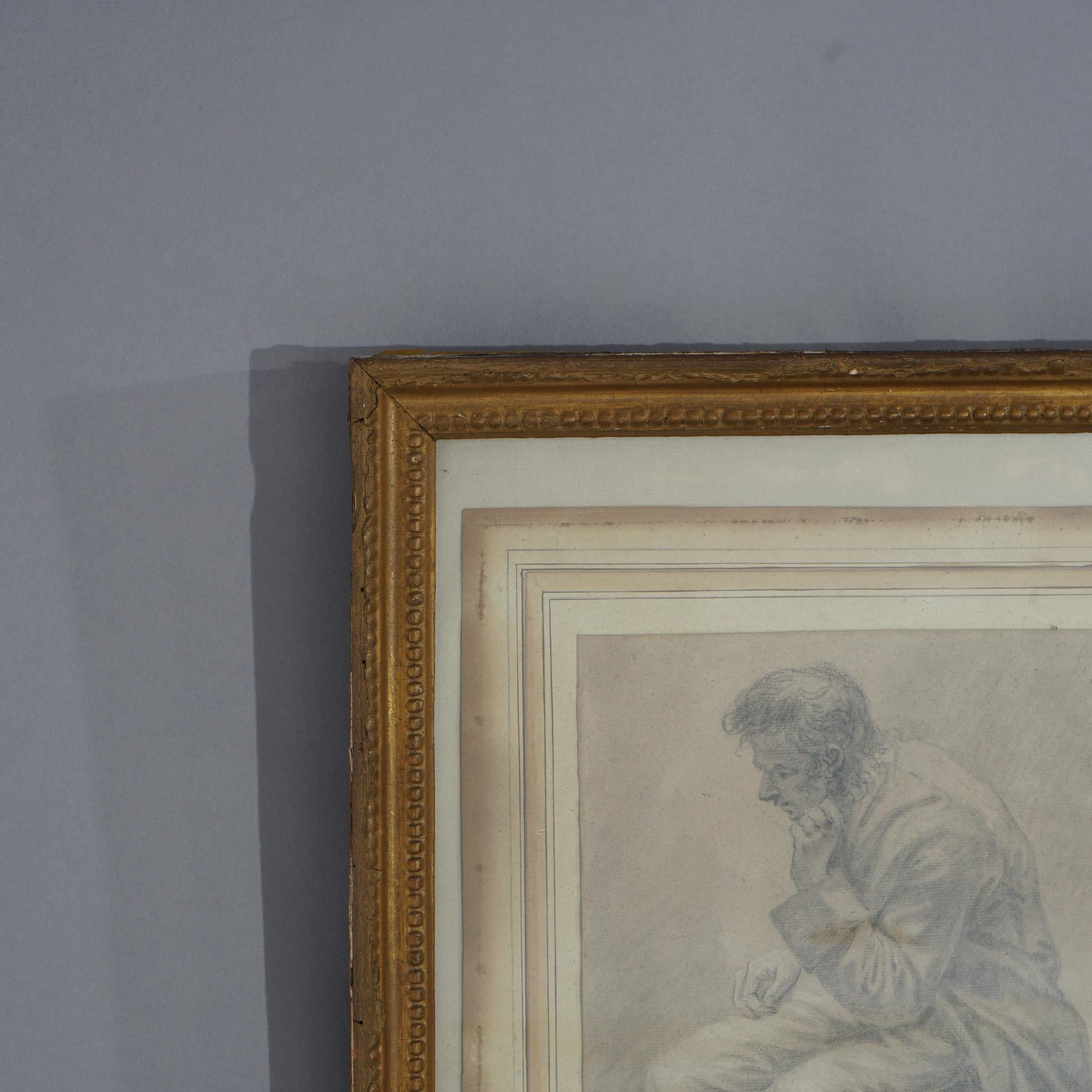 19th Century Antique Pencil Portrait Drawing of a Seated Man, Framed, 19th C For Sale