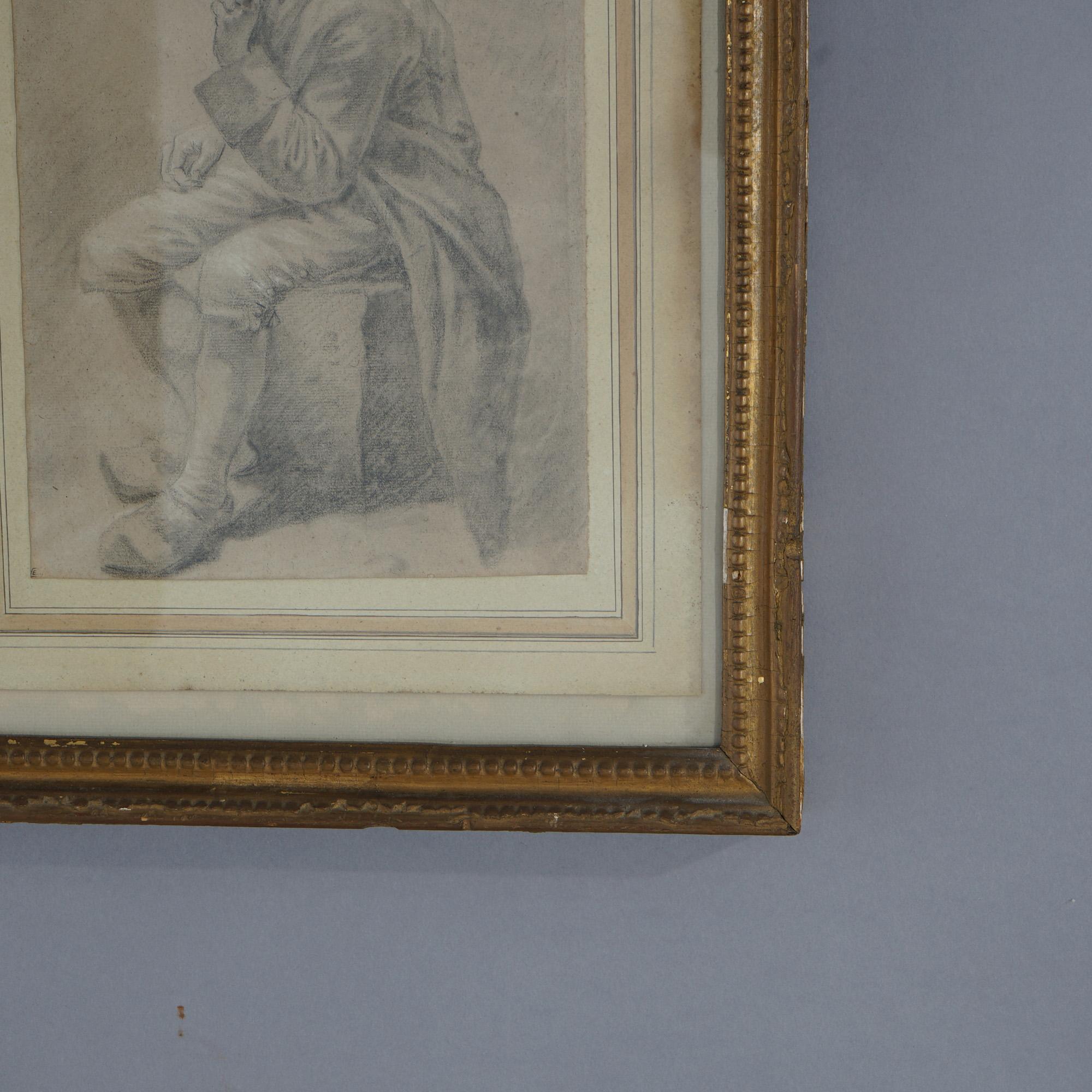 Paper Antique Pencil Portrait Drawing of a Seated Man, Framed, 19th C For Sale