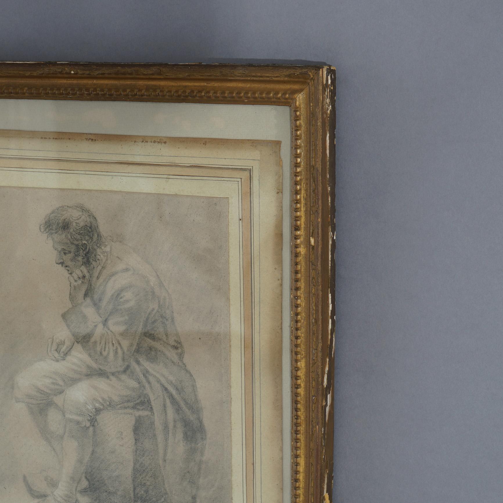 Antique Pencil Portrait Drawing of a Seated Man, Framed, 19th C For Sale 2