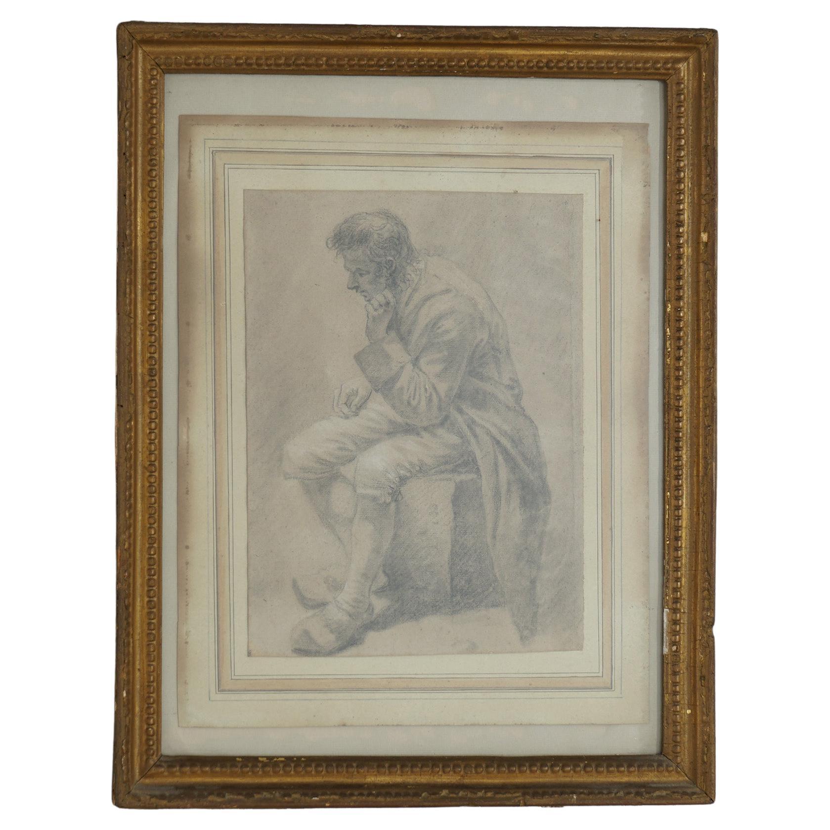 Antique Pencil Portrait Drawing of a Seated Man, Framed, 19th C