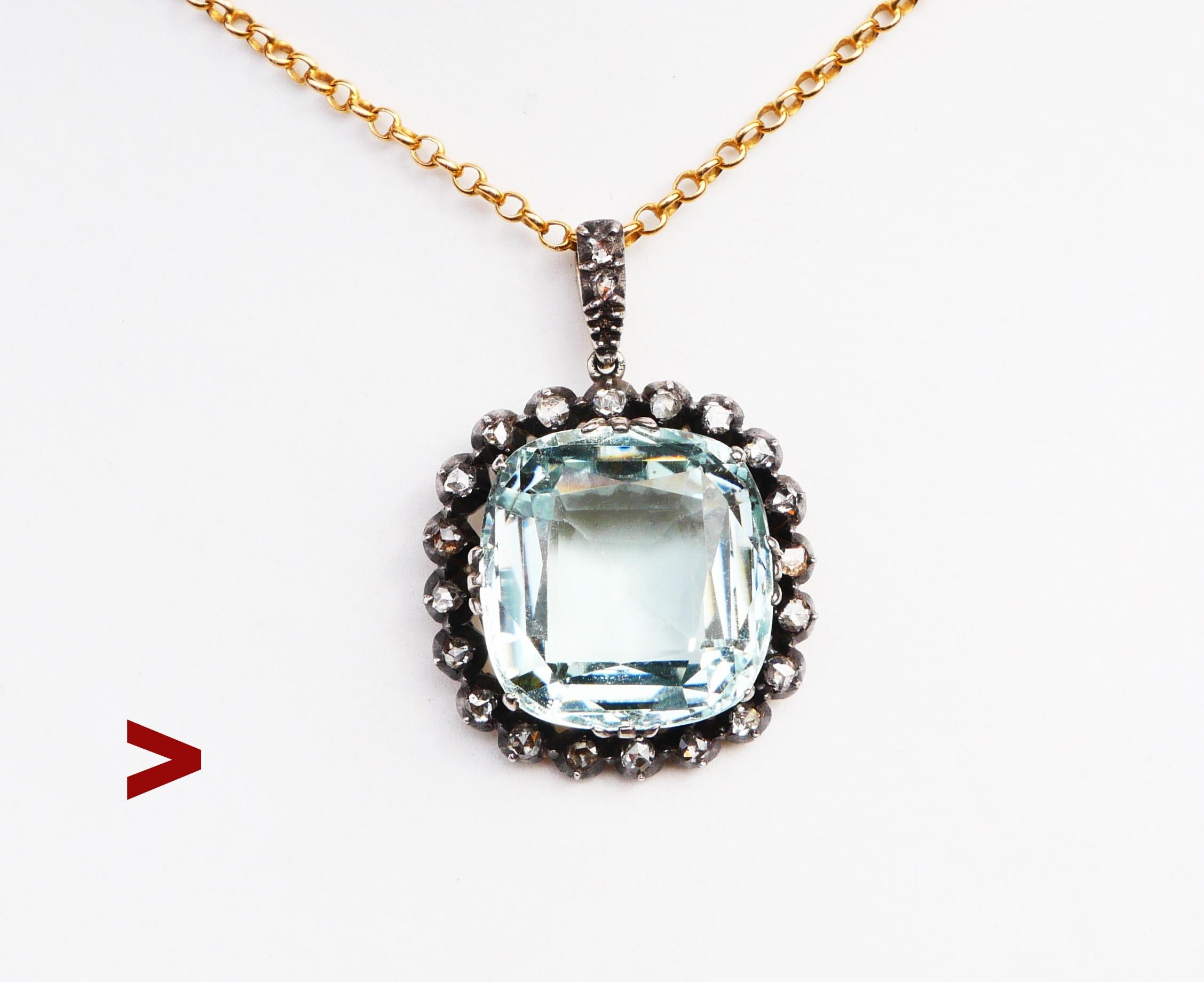 Old pendant with a large natural claw set Aquamarine surrounded with Diamonds halo. Likely German hand- made, ca. 19th cent.
Silver clusters on solid 14K Green Gold. Measures :  31 mm x 23mm including the bail, Diamond halo: 23mm x 23mm. Aquamarine