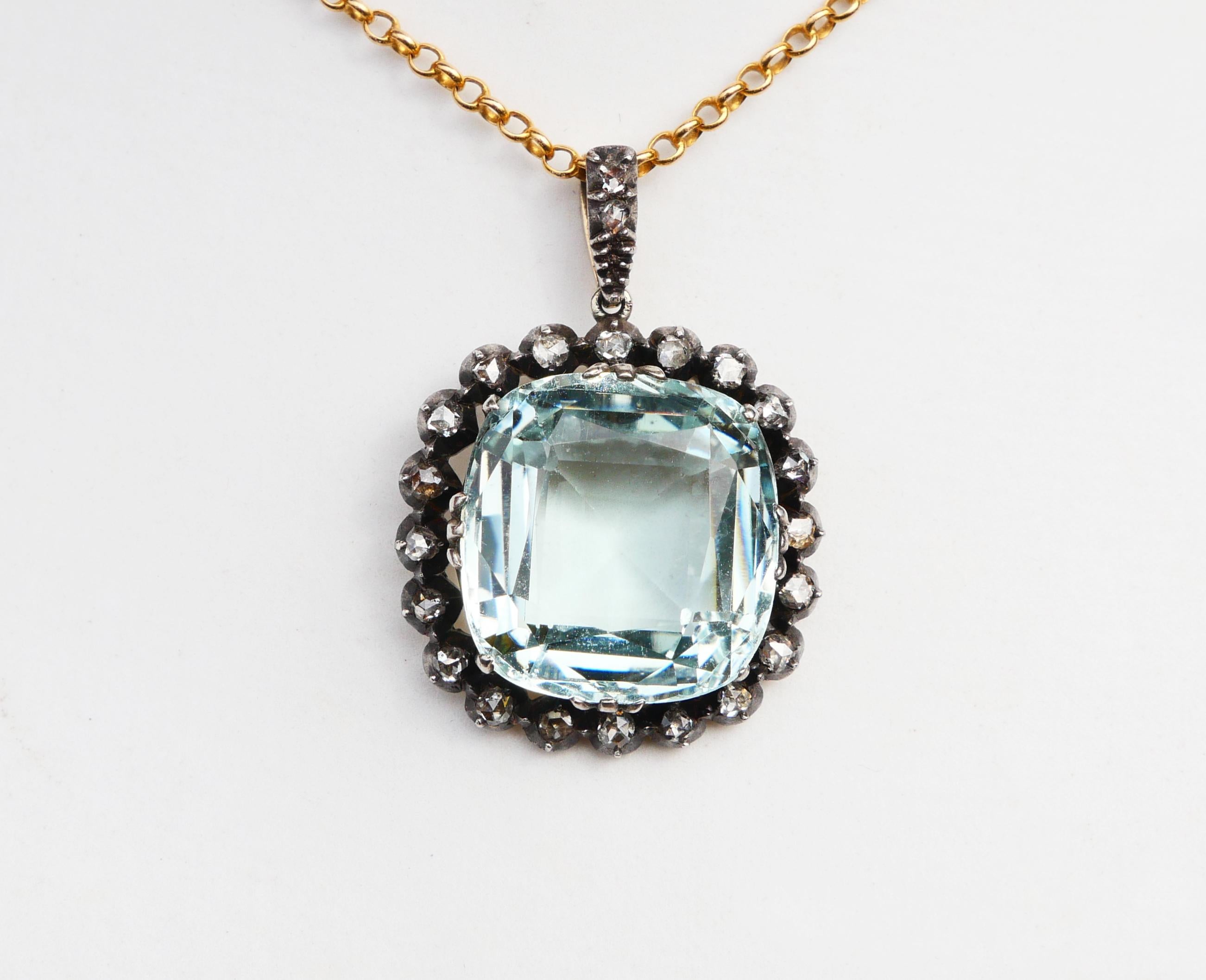 Early Victorian Antique Pendant 16ct Aquamarine 1 ctw Diamonds solid 14K Gold Silver / 8.8 gr For Sale