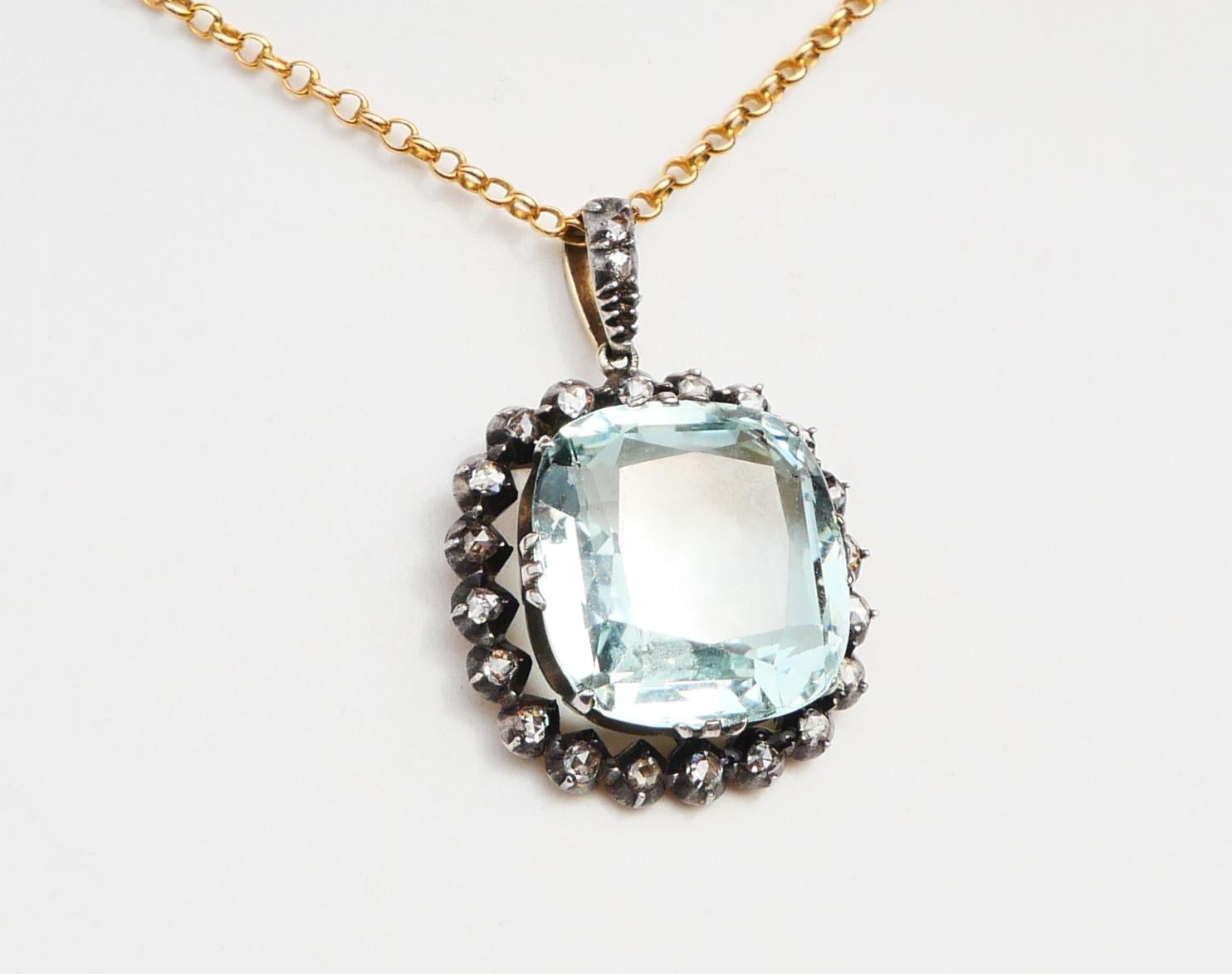 Cabochon Antique Pendant 16ct Aquamarine 1 ctw Diamonds solid 14K Gold Silver / 8.8 gr For Sale
