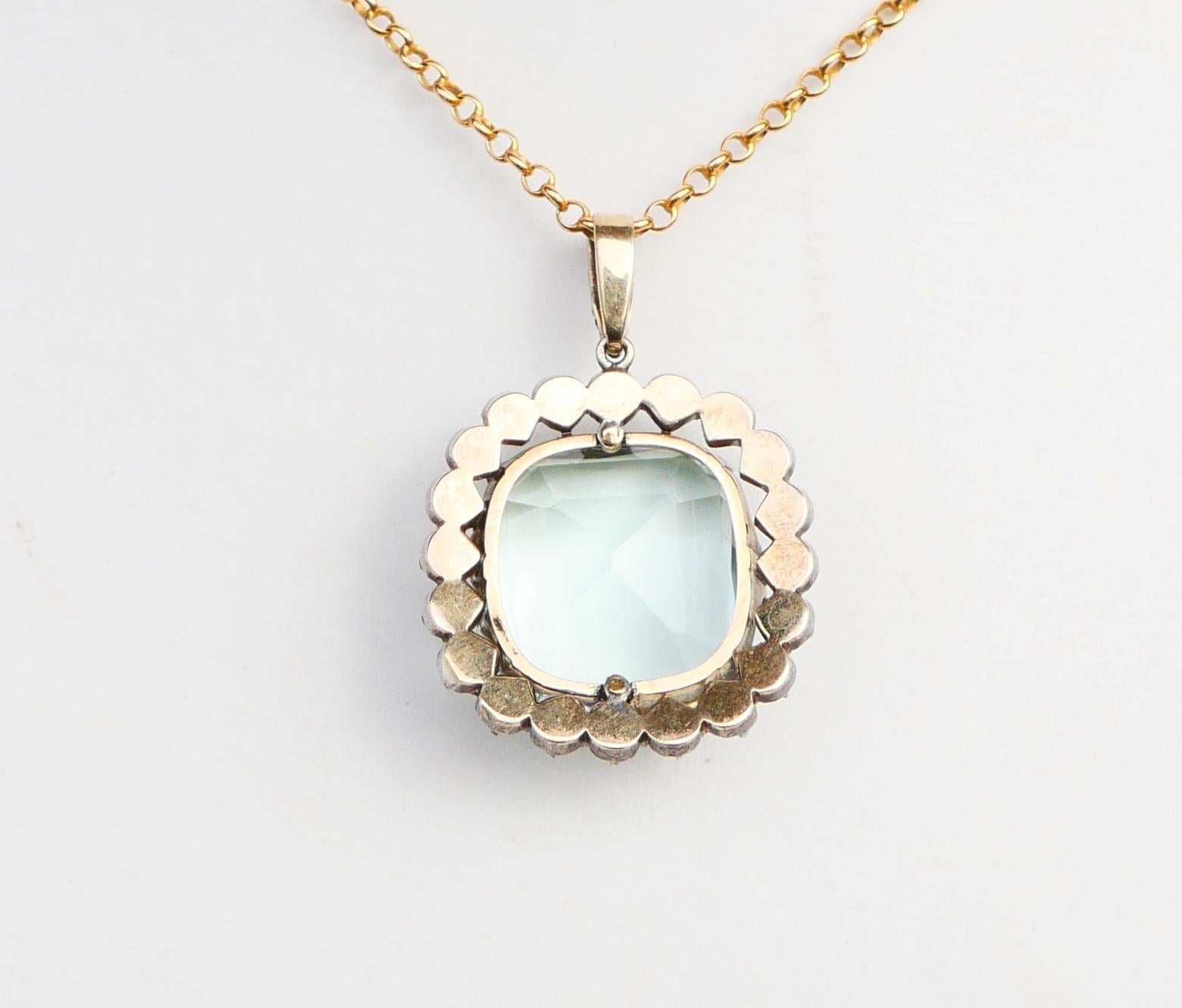 Women's or Men's Antique Pendant 16ct Aquamarine 1 ctw Diamonds solid 14K Gold Silver / 8.8 gr For Sale