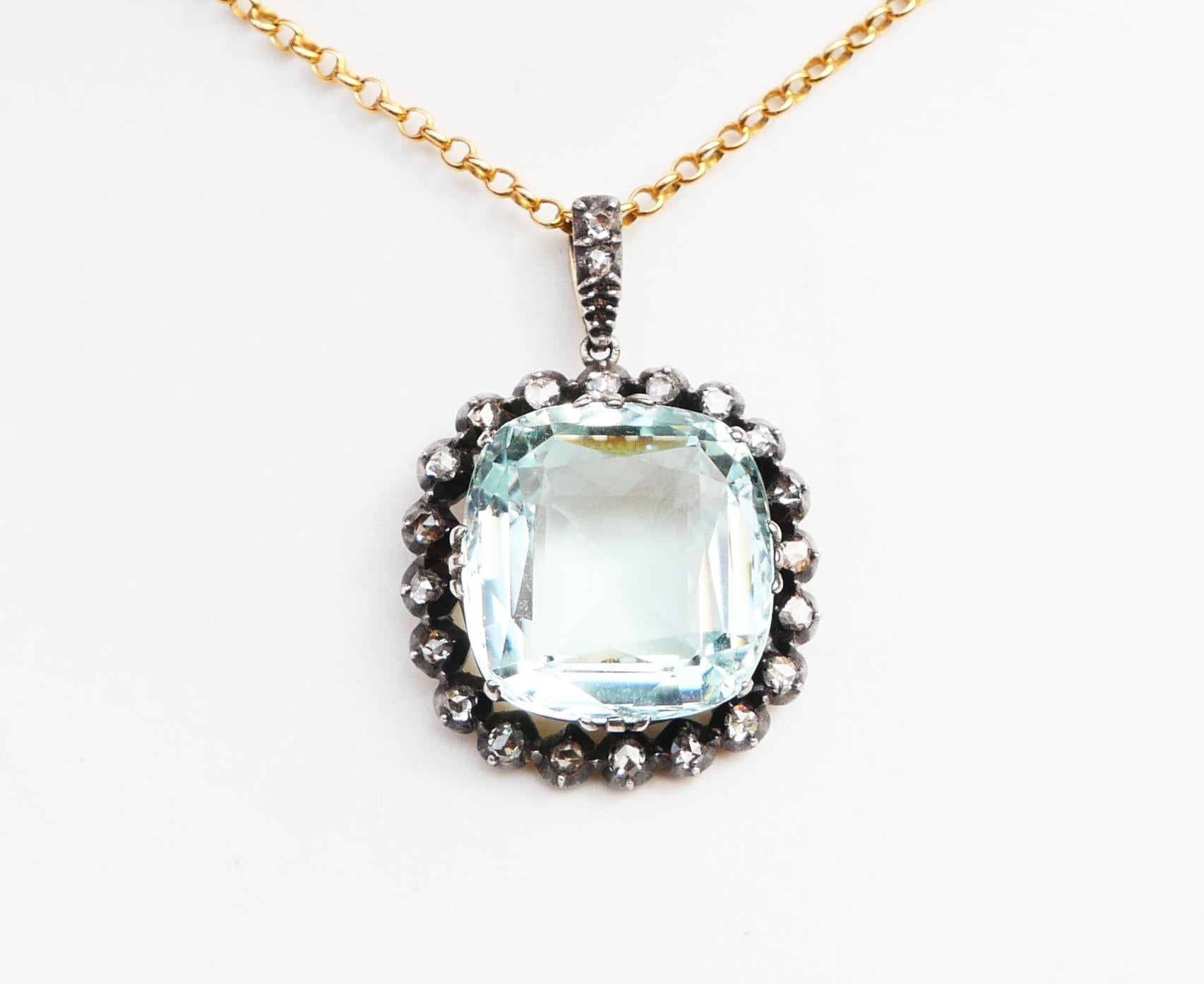 Antique Pendant 16ct Aquamarine 1 ctw Diamonds solid 14K Gold Silver / 8.8 gr For Sale 1