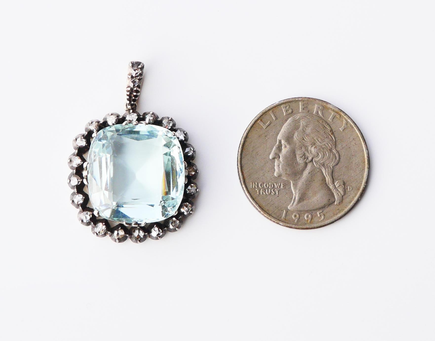 Antique Pendant 16ct Aquamarine 1 ctw Diamonds solid 14K Gold Silver / 8.8 gr For Sale 3