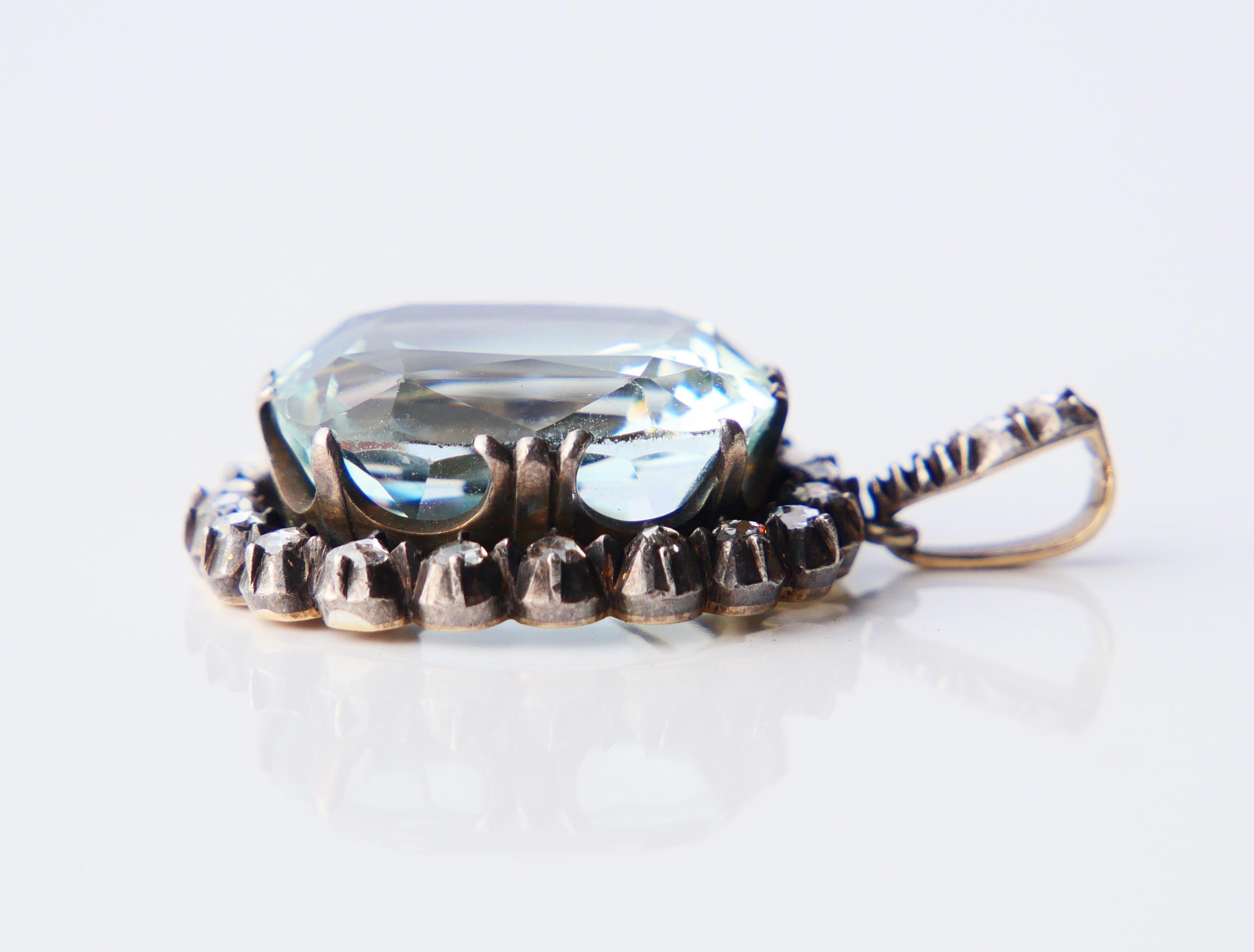 Antique Pendant 16ct Aquamarine 1 ctw Diamonds solid 14K Gold Silver / 8.8 gr For Sale 4