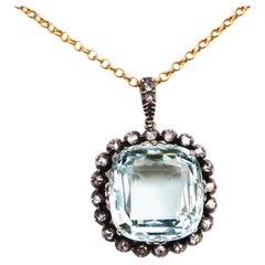 Antique Pendant 16ct Aquamarine 1 ctw Diamonds solid 14K Gold Silver / 8.8 gr