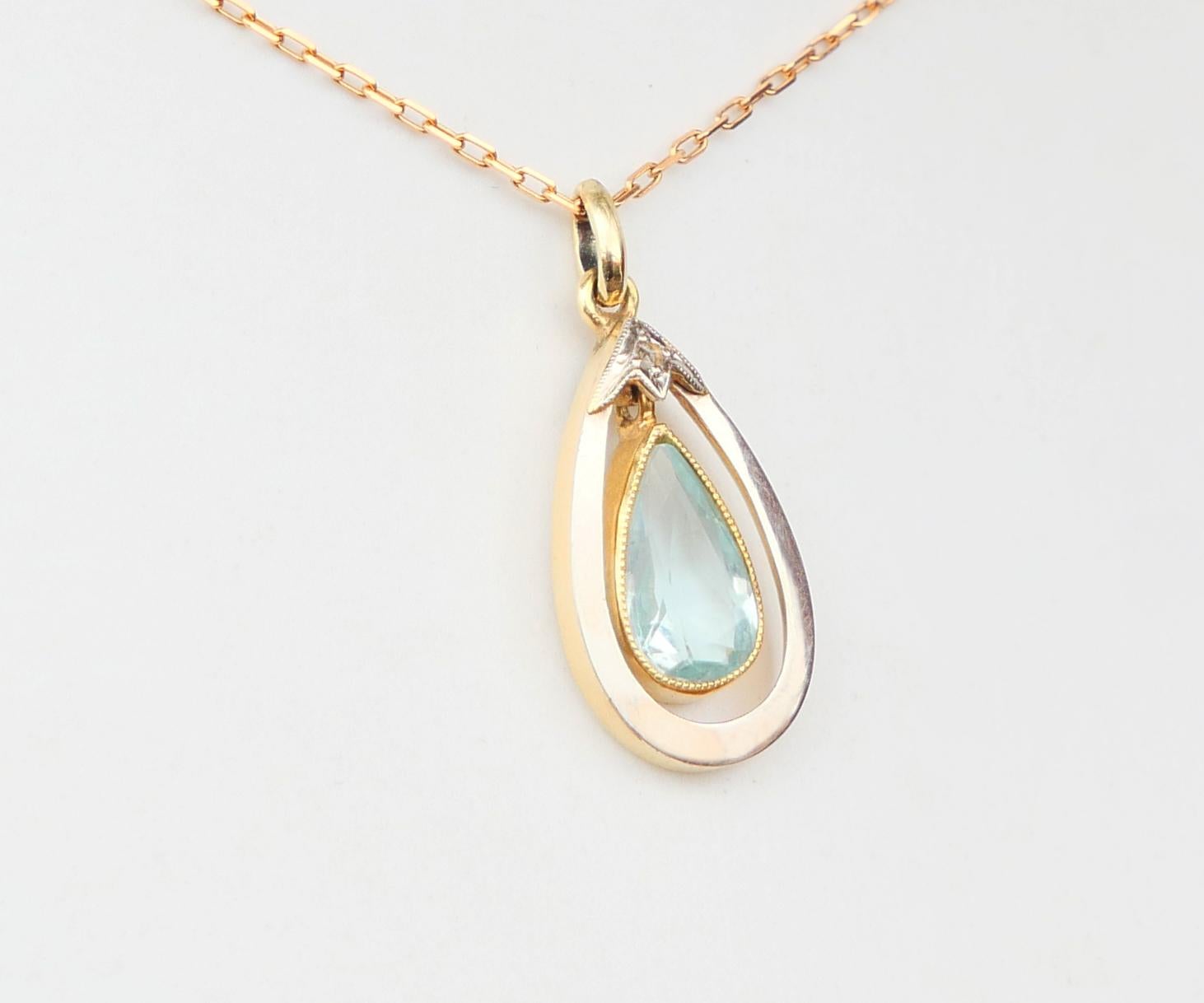 Antique Pendant natural 1.85ct Aquamarine Diamond solid 14K Gold  / 1.8gr en vente 1