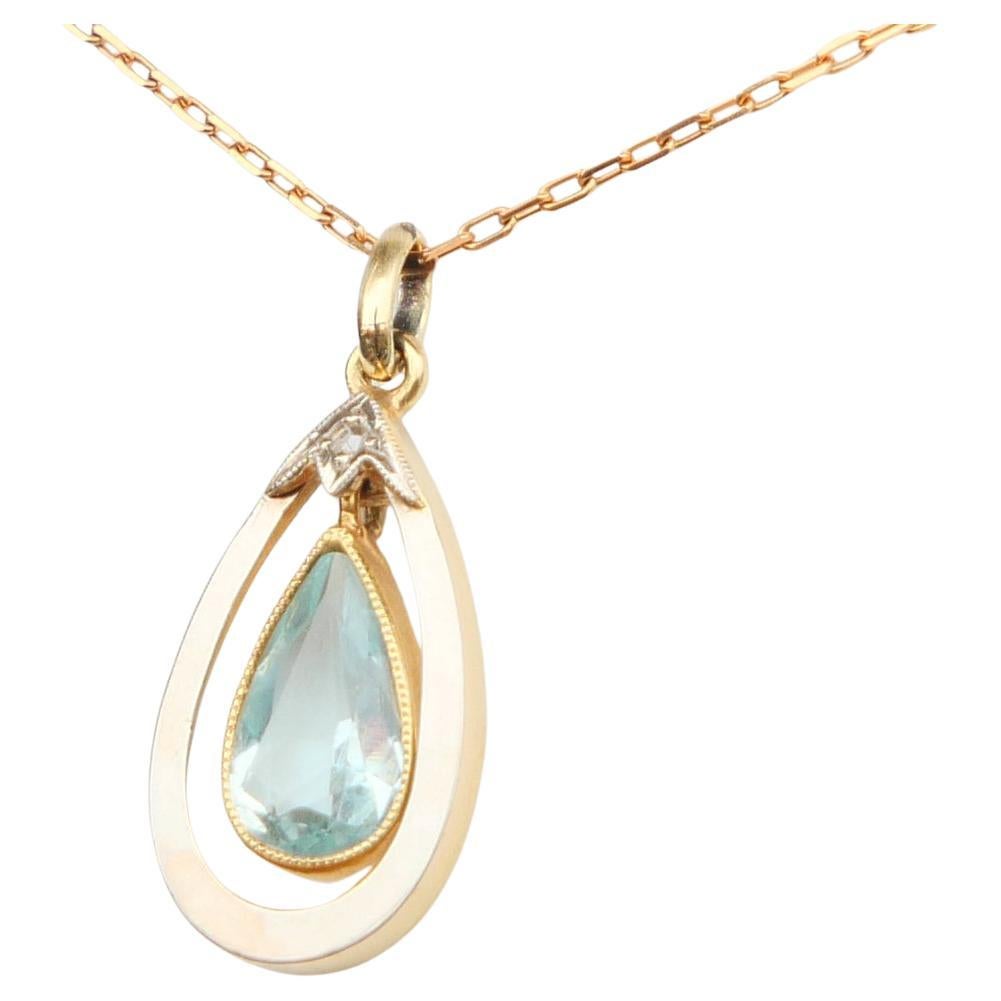 Antique Pendant natural 1.85ct Aquamarine Diamond solid 14K Gold  / 1.8gr