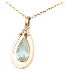 Antique Pendant natural 1.85ct Aquamarine Diamond solid 14K Gold  / 1.8gr