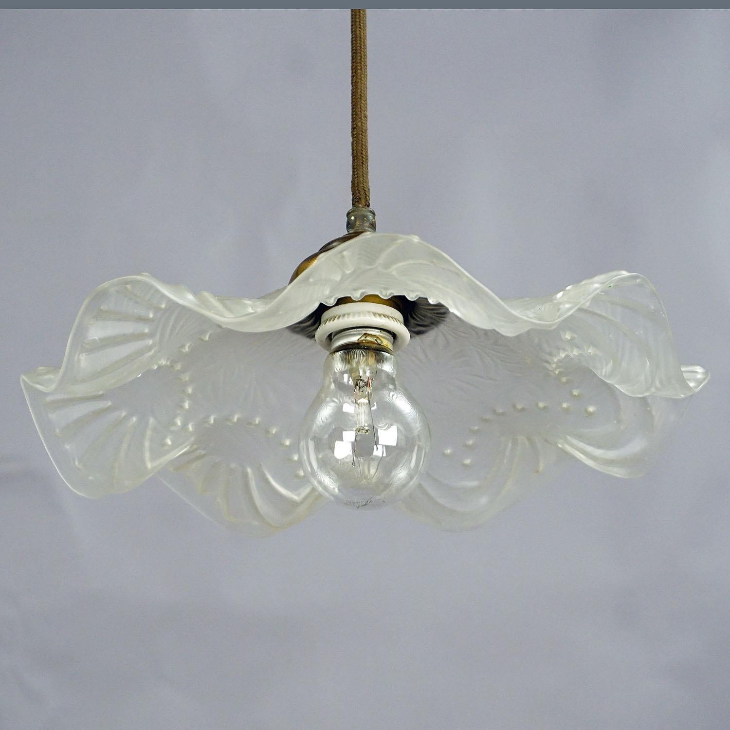 20th Century Antique Pendant Light with Clear Satinated Glass Shade, circa 1910