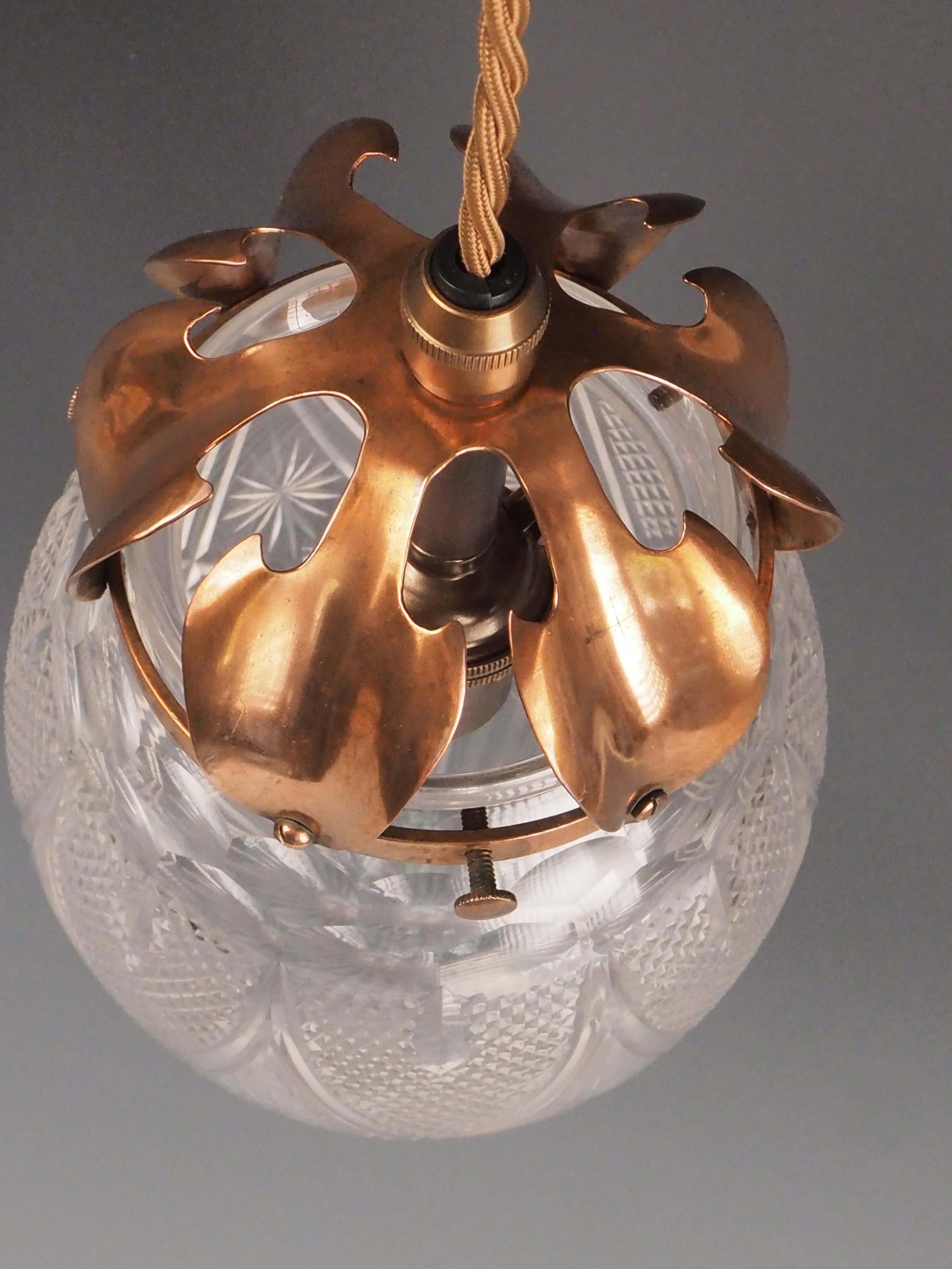 Antique Pendant Light with Cut Glass Crystal Globe & Copper Leaf Gallery For Sale 6