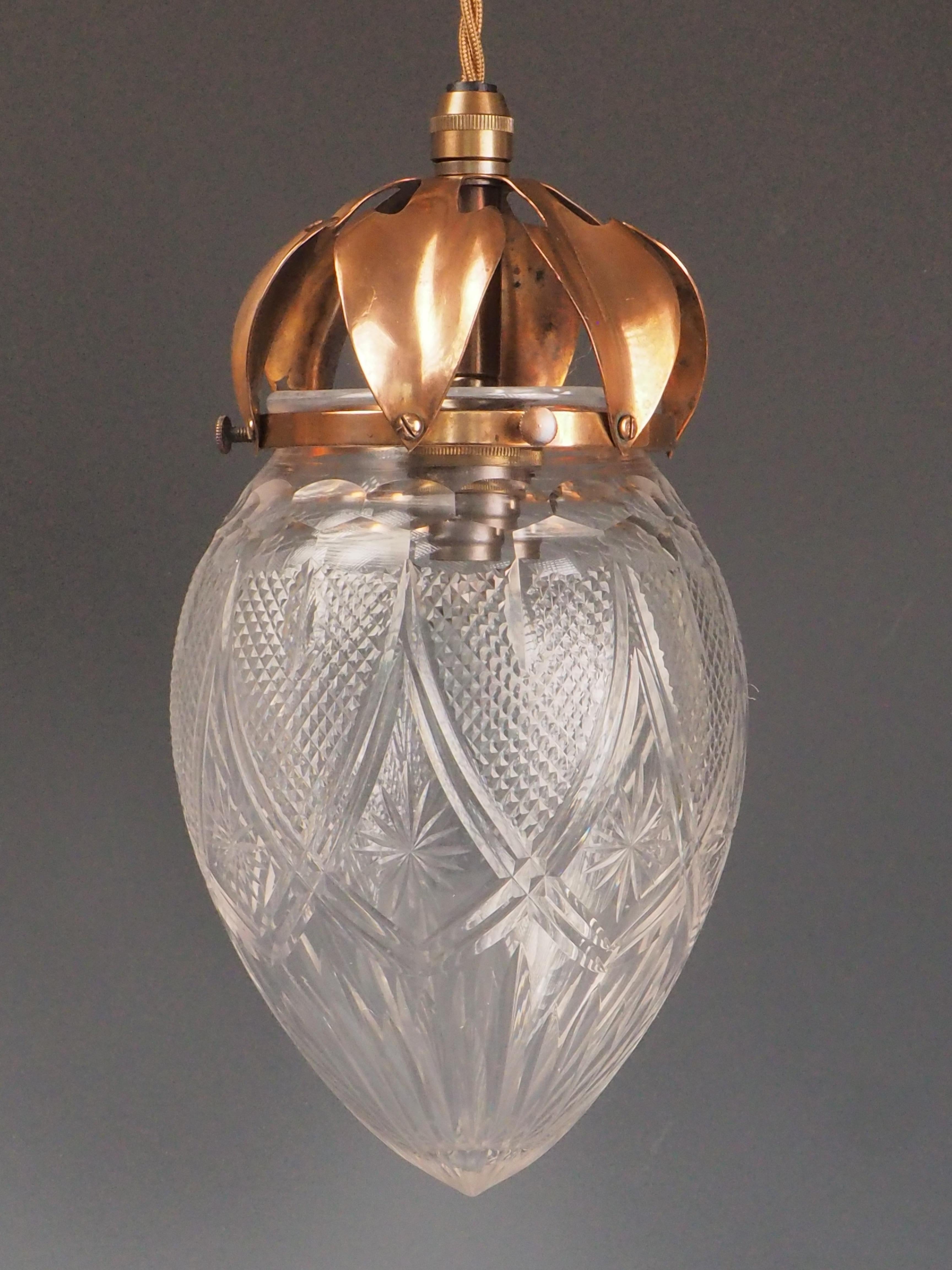 Antique Pendant Light with Cut Glass Crystal Globe & Copper Leaf Gallery In Good Condition For Sale In Lincoln, GB