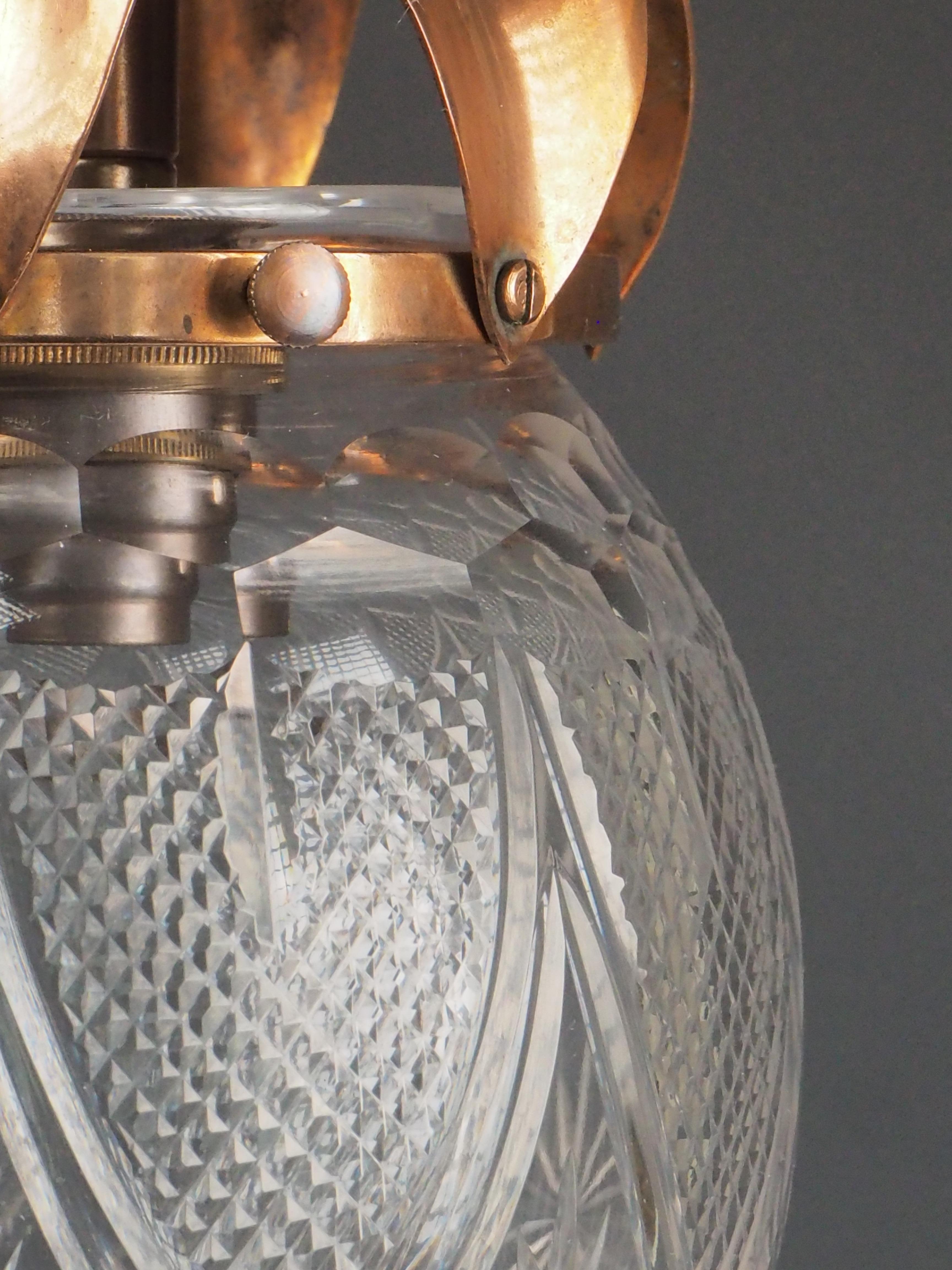 Antique Pendant Light with Cut Glass Crystal Globe & Copper Leaf Gallery For Sale 2