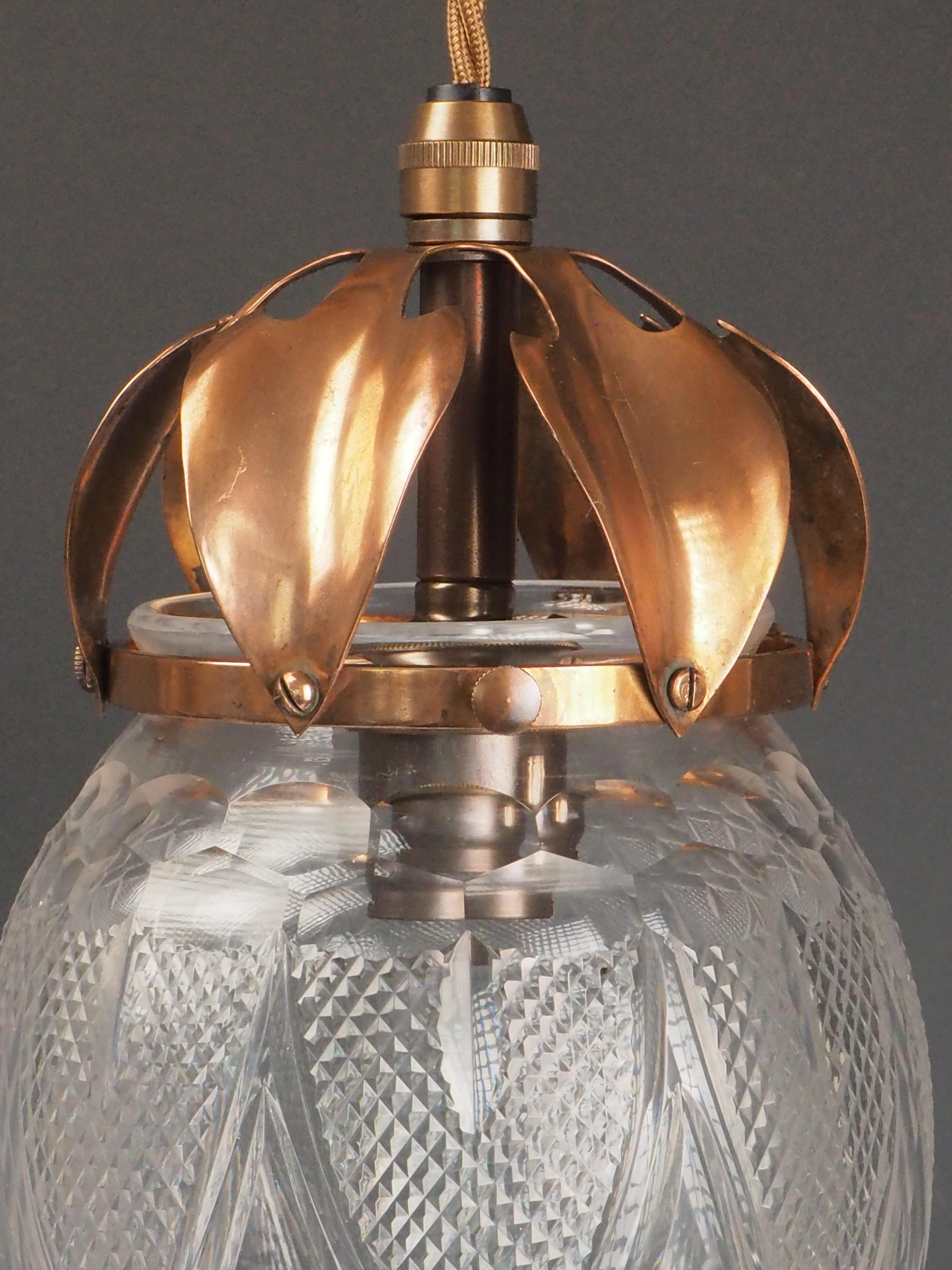 Antique Pendant Light with Cut Glass Crystal Globe & Copper Leaf Gallery For Sale 3