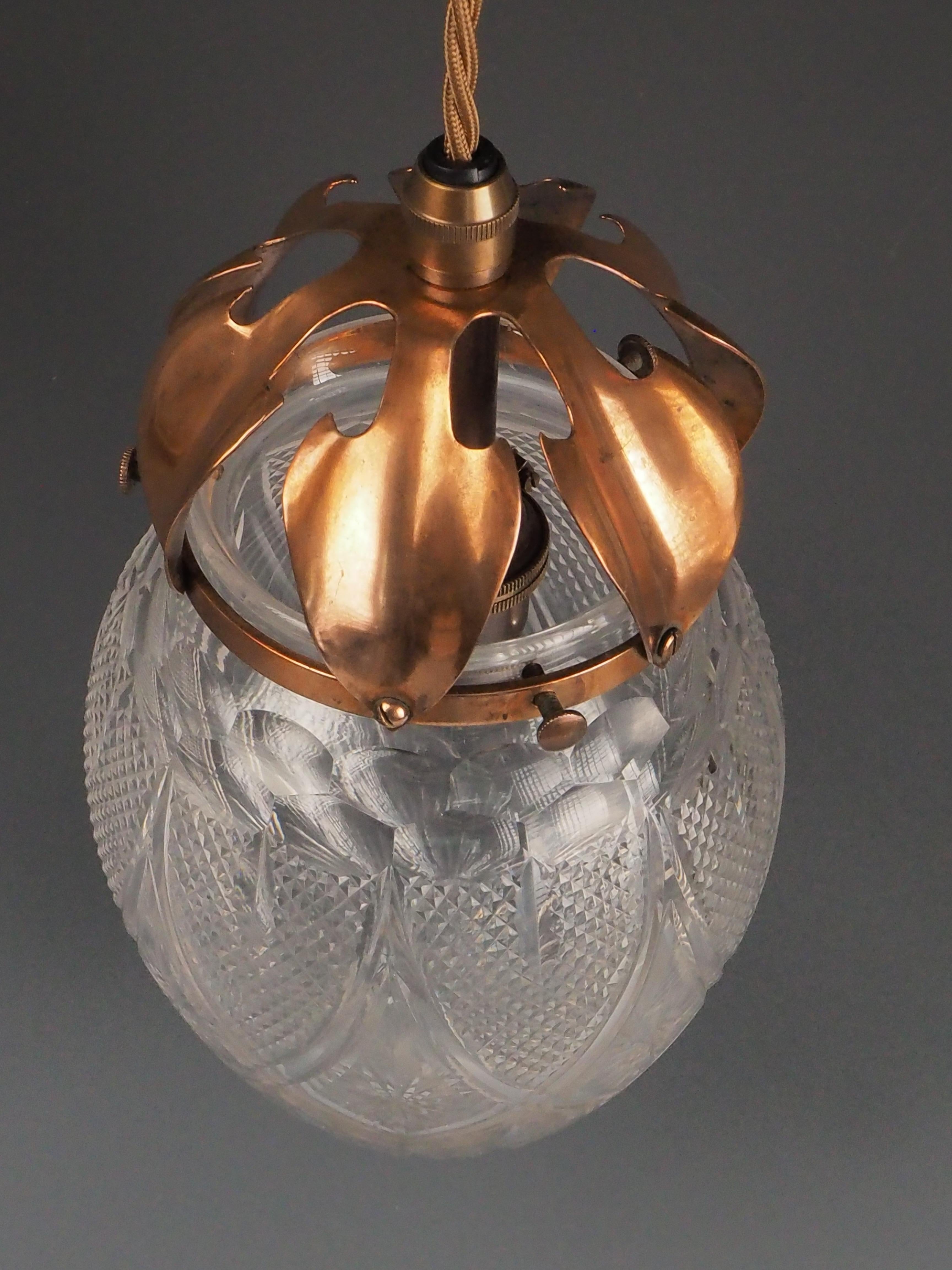 Antique Pendant Light with Cut Glass Crystal Globe & Copper Leaf Gallery For Sale 5