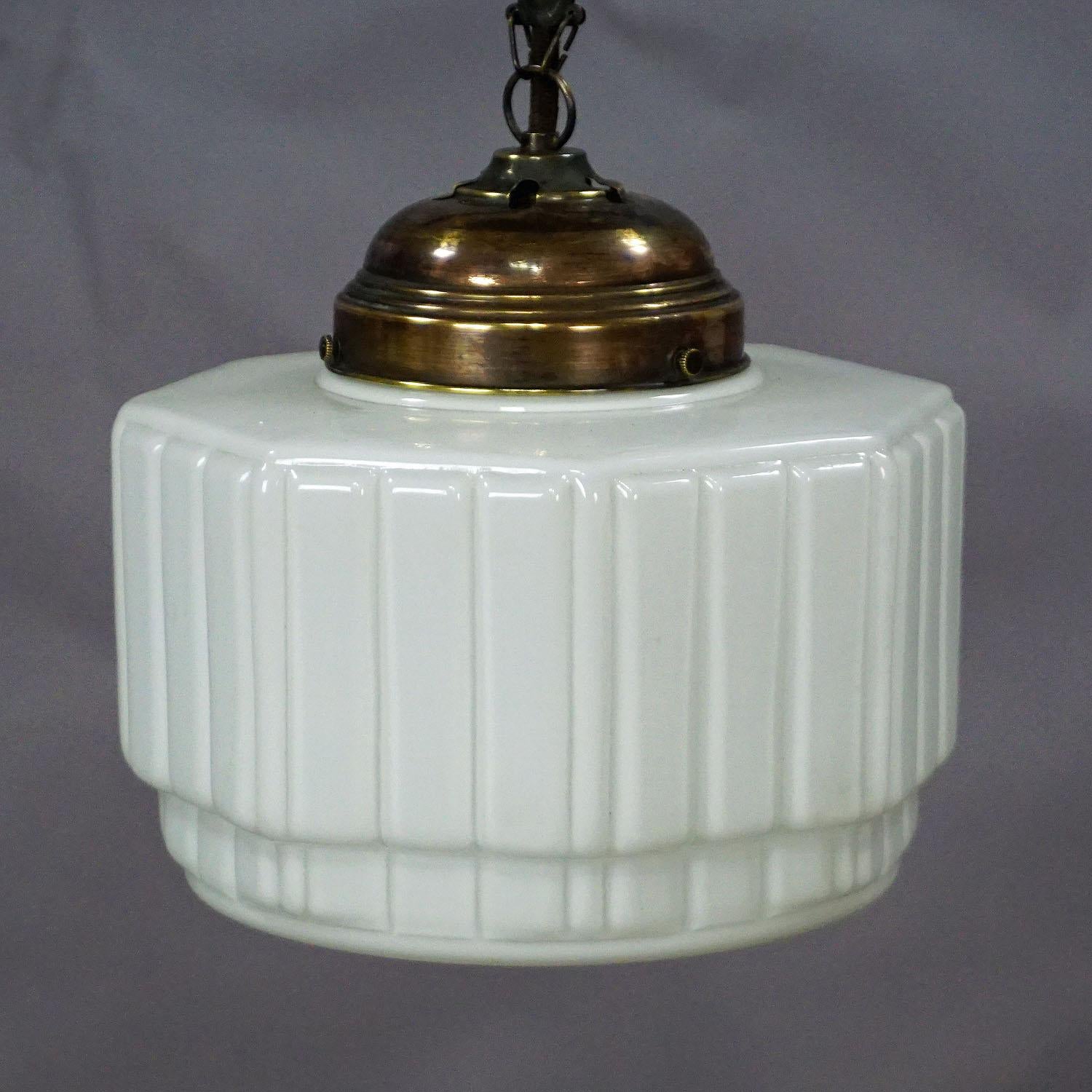 German Antique Pendant Light with Large White Glass Shade ca. 1920 For Sale